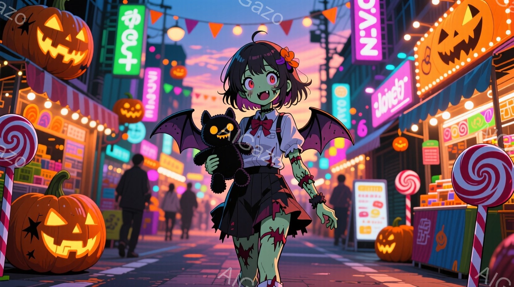 ハロウィーンの夜、緑色の肌をした少女が、血の付いた手で黒いコウモリのぬいぐるみを抱えています。彼女は白いブラウスに赤いリボン、黒いスカート、赤い靴を履いており、少し血の付いた手足がゾンビ風の衣装を強調しています。背景には、カラフルなハロウィーンの装飾が施された賑やかな夜の街並みが広がり、お化け屋敷のような楽しい雰囲気を醸し出しています。