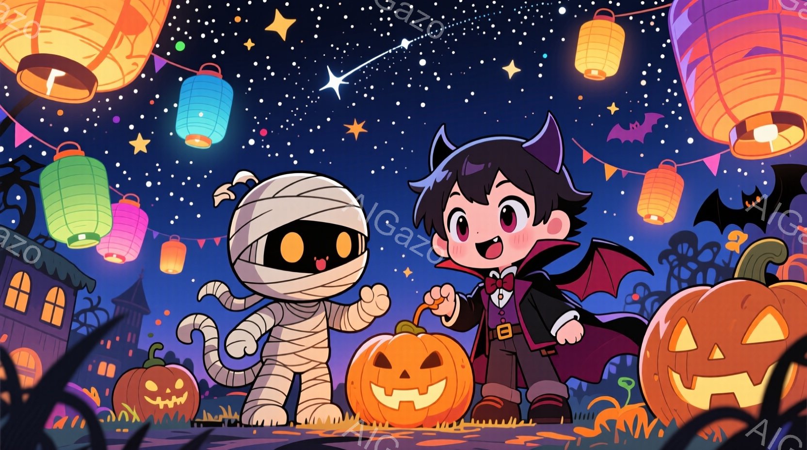 不気味な夜のハロウィーンのイラストで、ミイラと吸血鬼の男の子が楽しそうにパンプキンに囲まれています。ミイラは包帯で覆われた体と猫のような尻尾を持ち、吸血鬼の男の子は黒い髪と赤いマントを身につけ、頬は赤くなっています。背景には、シルエットの建物、オレンジ色のジャック・オー・ランタン、そして空には星と流れ星が見え、お祭り気分を盛り上げています。