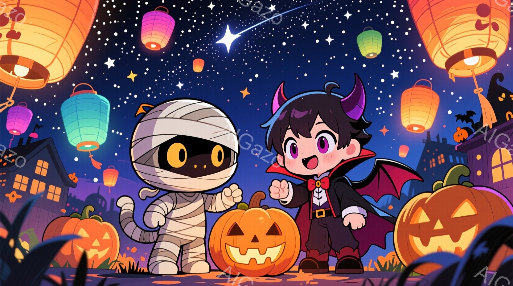 ハロウィーンをテーマにしたイラストで、ミイラとヴァンパイアの格好をした子供たちが、ジャック・オ・ランタンに囲まれています。ミイラは包帯で全身を覆い、大きな目と笑顔が特徴的で、ヴァンパイアは黒い髪と赤い - AI生成フリー素材