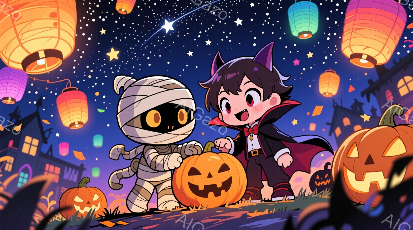 ハロウィーンの衣装を着た子供たちが、大きなカボチャのランタンを運んでいます。男の子は吸血鬼のコスチュームで、黒いマントと赤い蝶ネクタイをつけ、少し照れたような笑顔を浮かべています。背景には、オレンジ色 - AI生成フリー素材