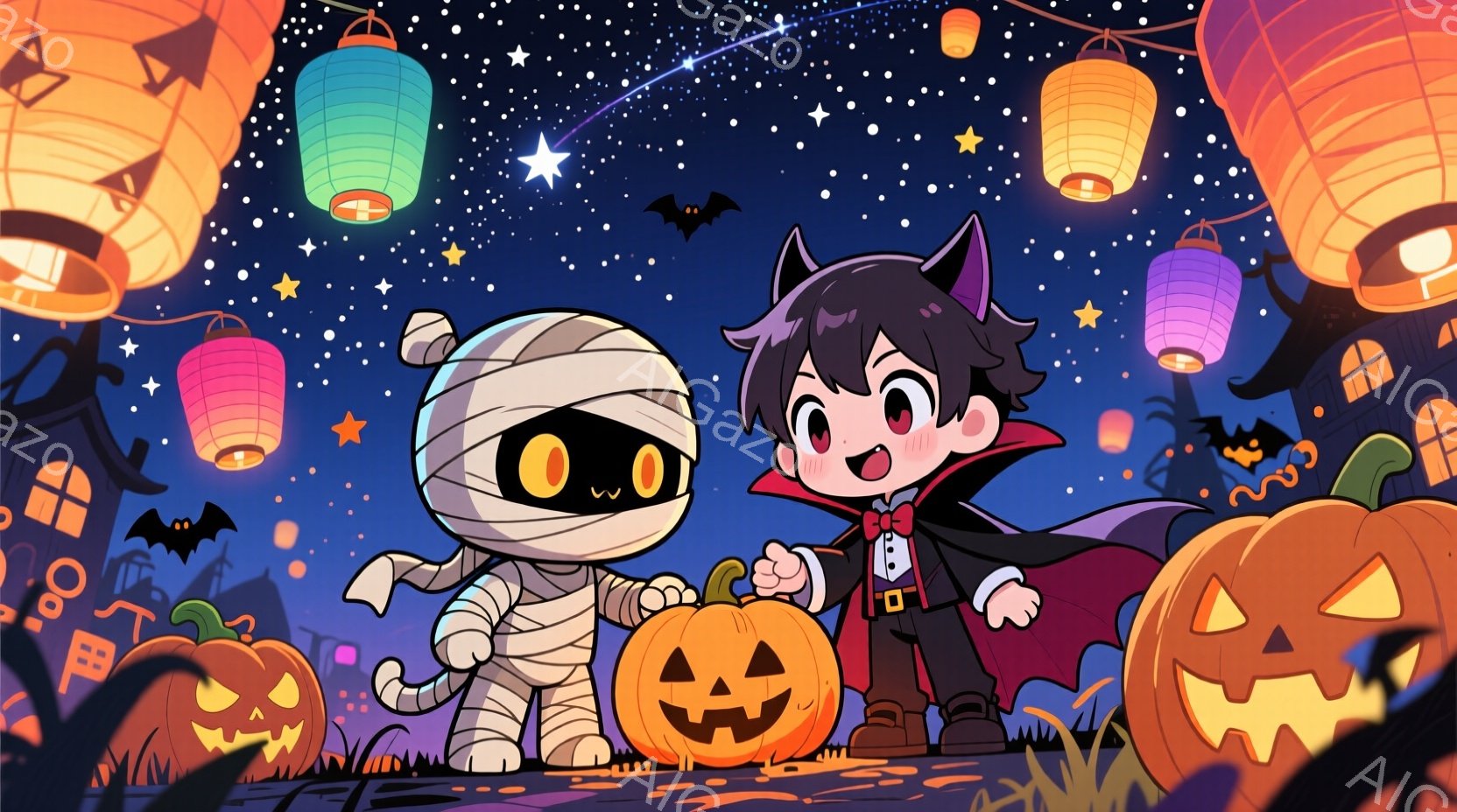 ハロウィーンの装飾に囲まれた、ミイラと吸血鬼の格好をした少年たちが描かれています。ミイラは包帯で全身が覆われ、大きな丸い目が特徴的で、吸血鬼は黒い髪に角、赤いマント、そして白い襟のシャツを着ています。背景には、ハロウィーンのランタン、カボチャ、そしてシルエットの建物が見られ、夜空には星が輝き、お祝いムード満点です。
