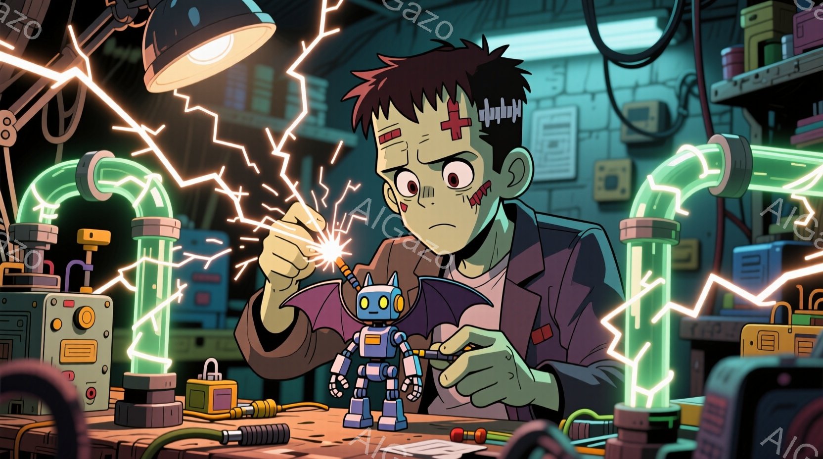 フランケンシュタインを彷彿とさせる緑色の肌をした若い男性が、小さな青いロボットを修理している様子を描いています。彼は作業着を着ており、髪は無造作にセットされ、集中した表情でロボットの配線に焦点を当てています。背景には複雑な機械装置や配線が張り巡らされ、実験室のような雰囲気で、周囲には電気の光がちらつき、活気と緊張感が漂っています。