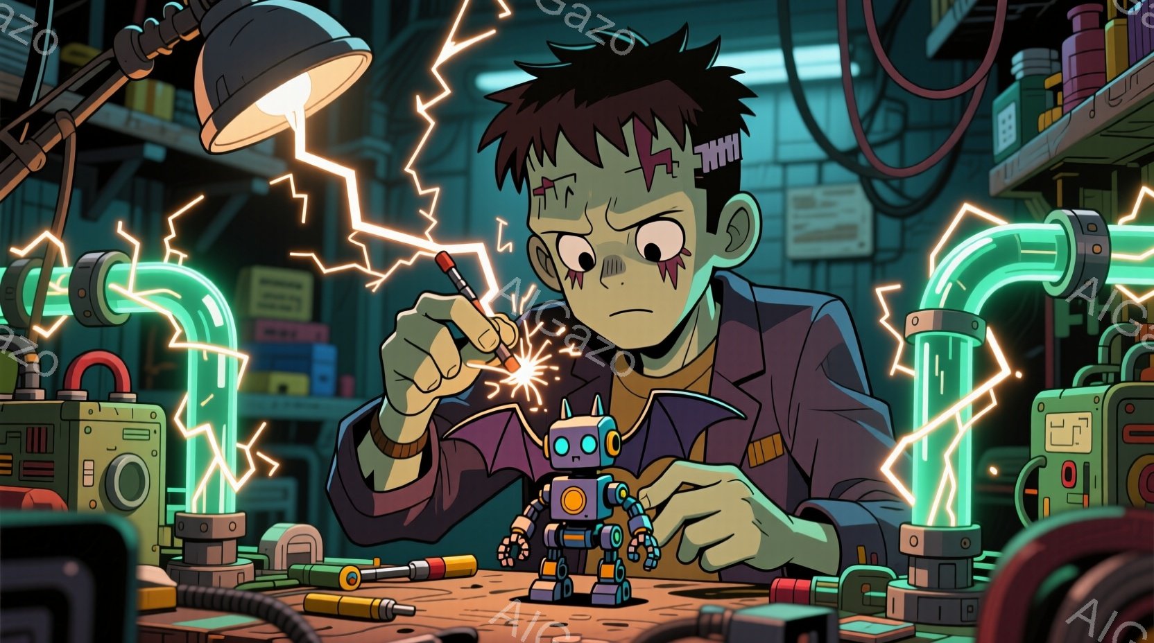 フランケンシュタイン風のキャラクターがロボットを修理している様子を描いています。彼は紫色の髪と緑色の肌を持ち、集中した表情でロボットの内部に小さな工具で作業しています。背景には複雑な機械と配線が走り、電気の火花が飛び交う実験室のような空間が広がっています。