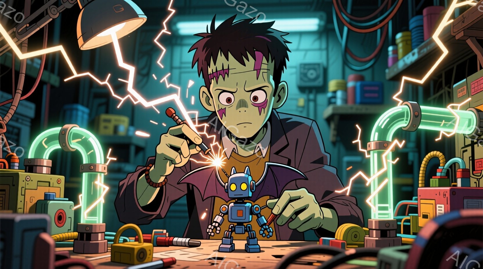 フランクenstein風の少年が、青いロボットに電気を流している様子が描かれています。少年は緑色の肌に黒髪で、赤い作業着を着ており、集中した表情でロボットをいじっています。背景は機械や配管でいっぱいの実験室で、全体的に活気があり、科学的な雰囲気が漂っています。