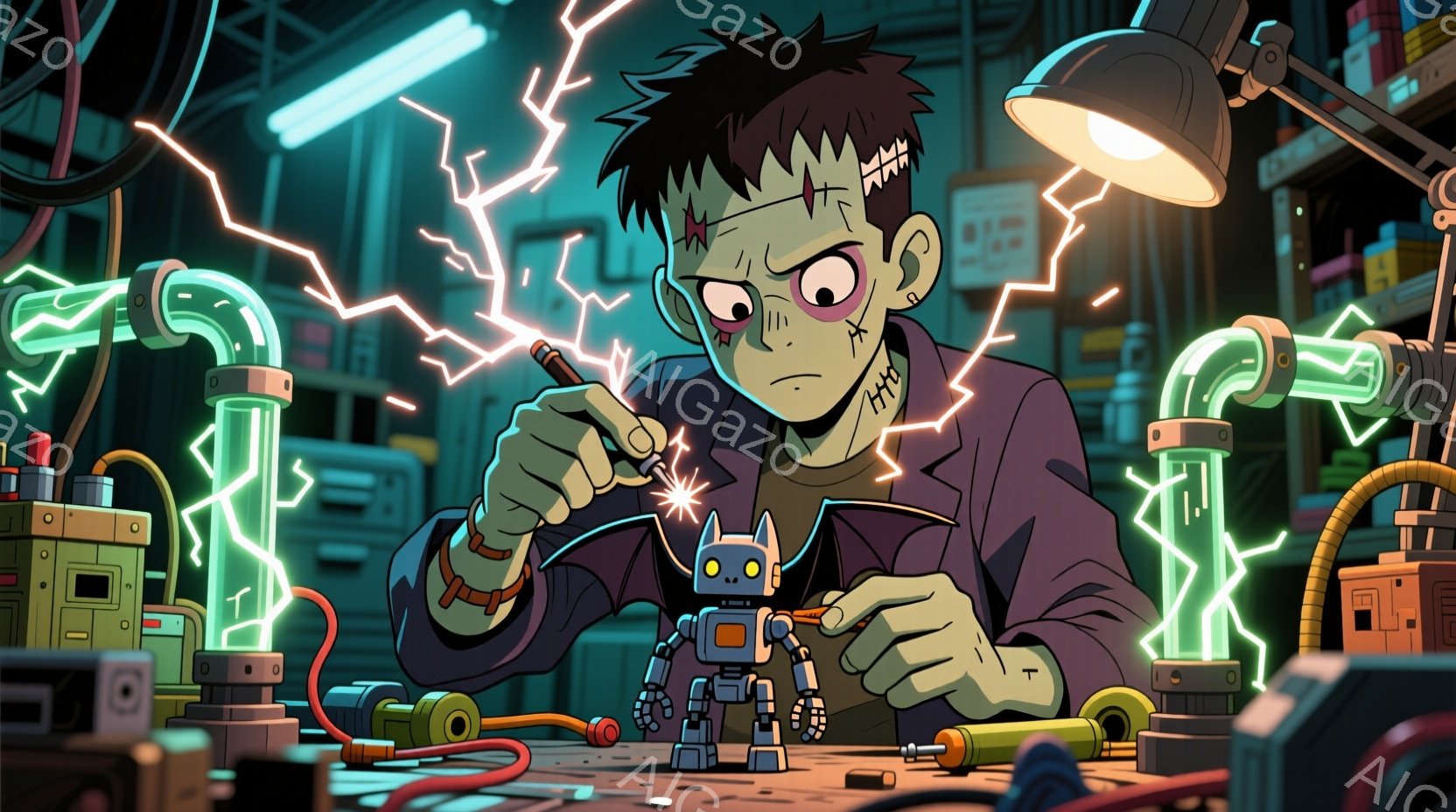 フランケンシュタインの怪物のような男性が、小さなロボットの修理に集中しています。彼は紫色のシャツを着ており、顔には縫い目の跡があり、真剣な表情をしています。背景には複雑な機械や光る試験管が配置され、実験室のような雰囲気で、雷のような電気のエネルギーがロボットと男性の周りを駆け巡っています。