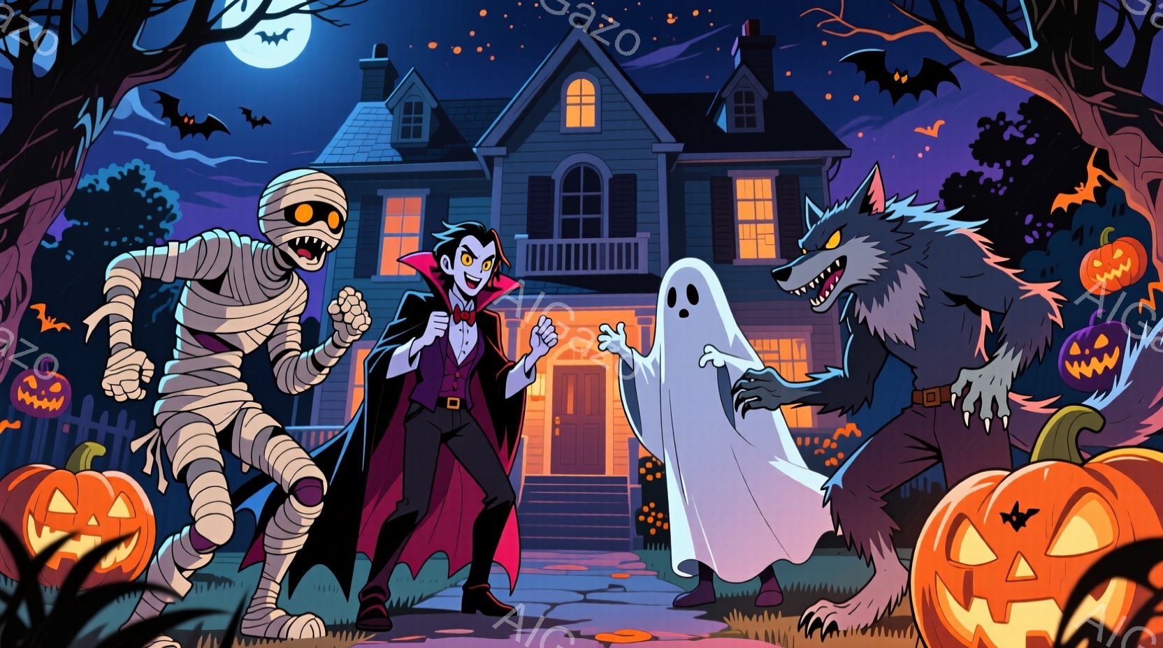 不気味な屋敷を背景に、ミイラ男、吸血鬼、幽霊、狼男がハロウィーンを楽しんでいるイラストです。吸血鬼は赤いマントと黒いスーツを着てニヤニヤと笑い、ミイラ男と幽霊はそれぞれ特徴的な姿で、狼男は少し不機嫌そうな表情をしています。オレンジ色のジャック・オー・ランタンや、夜空を舞うコウモリ、そして暗い背景が、ハロウィーンの不気味な雰囲気を強調しています。
