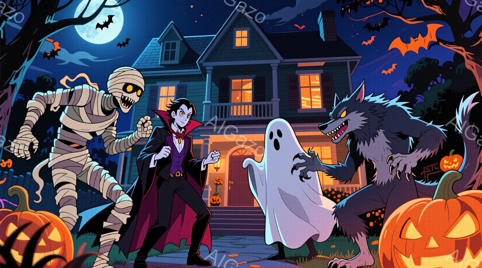 ハロウィーンの夜、幽霊、吸血鬼、ミイラ、狼男が古い屋敷の前に集まっています。吸血鬼は黒いスーツに赤いマントを羽織り、自信満々に微笑んでいます。背景には、不気味な木々と満月、そしてハロウィーンの装飾が施 - AI生成フリー素材
