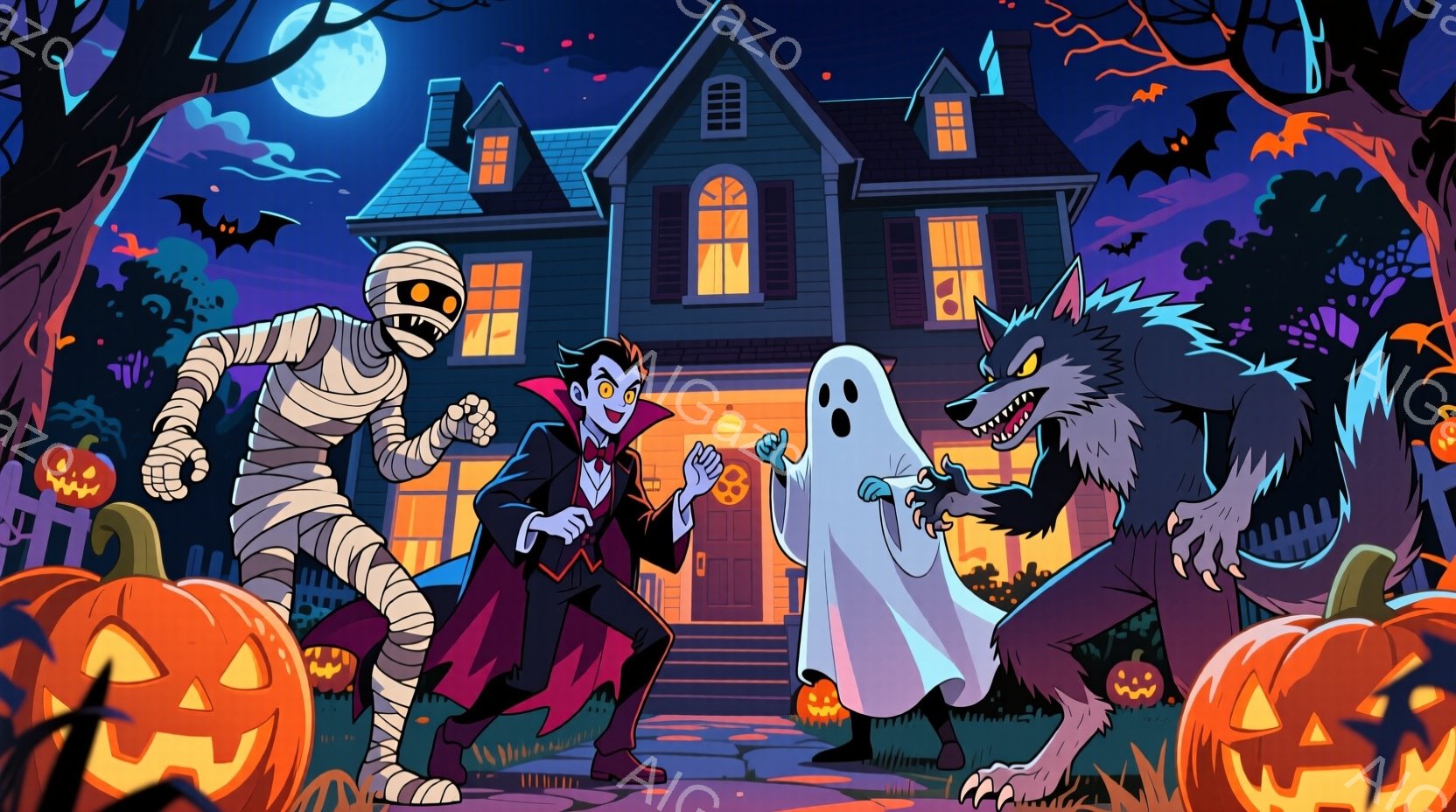 満月の夜に、お化け、吸血鬼、狼男が、ハロウィンの飾り付けられた家の前でポーズを取っています。吸血鬼は黒いスーツと赤いマントを着て、にやりと笑い、狼男は歯をむき出し、お化けは白い布で覆われています。背景には、オレンジ色のジャック・オー・ランタン、黒い木々、そして暗い空が広がっており、ハロウィーンの不気味な雰囲気を醸し出しています。