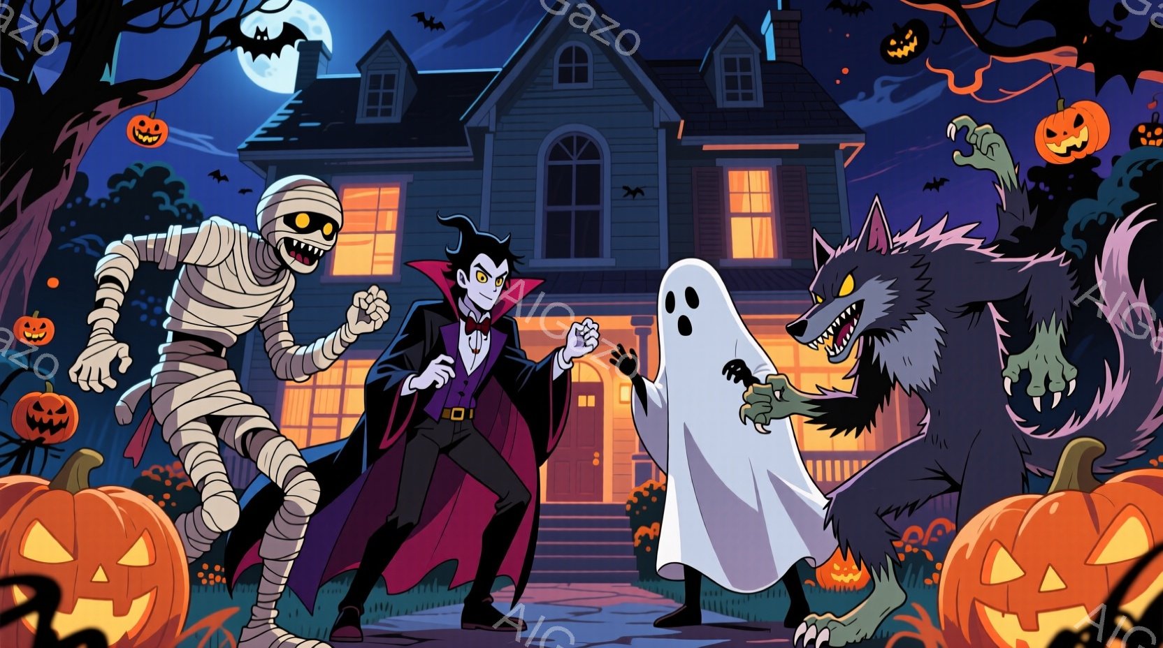 不気味なハロウィンの夜、ミイラ、吸血鬼、幽霊、そして狼男が建物の前に立っています。ミイラは包帯で覆われ、吸血鬼は黒いスーツと赤い裏地、整った髪型で、幽霊は白い布で覆われ、狼男は緑色の肌と鋭い爪を持っています。背景には、カボチャのランタン、不気味な木々、満月、そして怪しげな雰囲気の家が見えます。