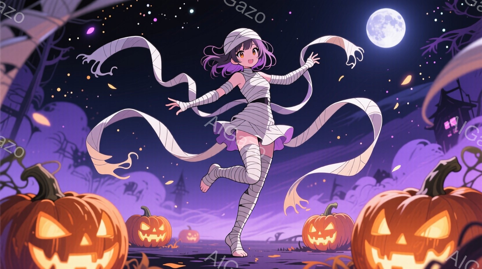 紫色の髪をツインテールにした少女が、ハロウィーンのミイラの衣装を身に着け、両手を広げて踊っている。背景には、お化け屋敷、ジャック・オ・ランタン、不気味な木々が立ち並び、月明かりの下で幻想的な雰囲気を醸 - AI生成フリー素材