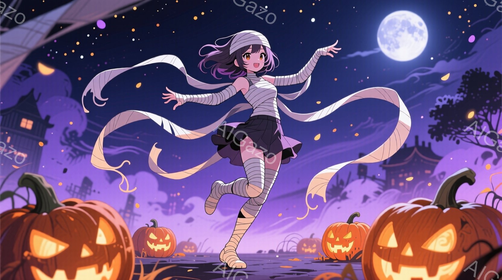 紫色の背景に、ミイラのような包帯で手足が巻かれた少女が描かれています。黒いスカートと白いトップスを着て、嬉しそうに空中で足を高く上げています。背景には、ハロウィーンの飾りであるジャック・オ・ランタンや不気味な建物が立ち並び、満月が輝く夜空が広がっています。