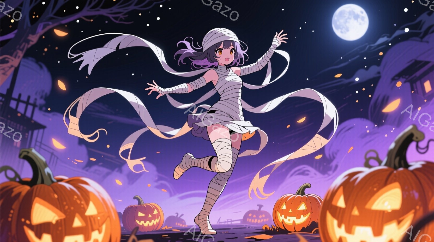 紫色の背景に、ミイラの衣装を着た少女が描かれています。彼女は紫色の髪をポニーテールにし、顔はミイラの布で覆われ、楽しそうな表情をしています。背景には、ハロウィーンの飾りであるジャック・オー・ランタンと、暗いシルエットの建物や木々が見え、満月が輝く夜空が広がっています。