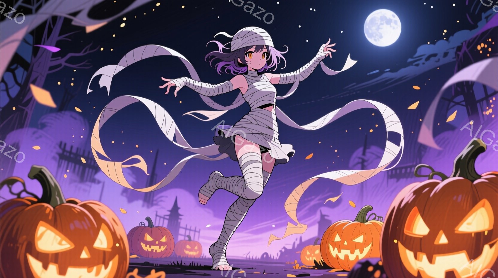 明るい紫色の背景に、ミイラのような包帯で体を覆った少女が描かれています。彼女は黒いスカートと白い靴を履き、足元にはジャック・オー・ランタンが散りばめられています。背景には、シルエットの建物と不気味な木々、そして満月が輝き、ハロウィーンの夜の幻想的な雰囲気を醸し出しています。