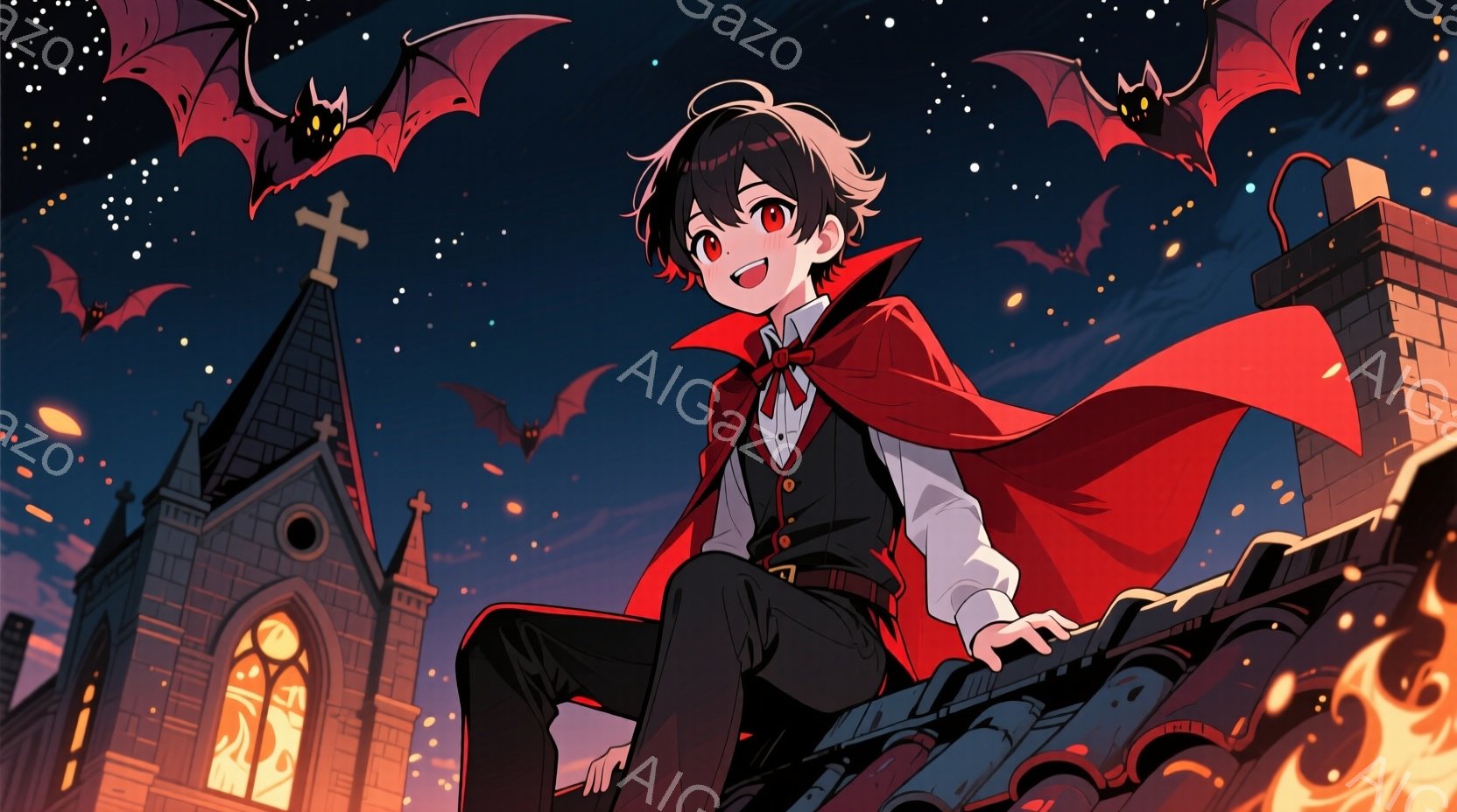 暗い夜空を背景に、赤いマントを羽織った少年が建物の屋根に座っています。黒髪に赤い瞳を持ち、少しいたずらっぽい表情をしています。ゴシック様式の建物と飛び交うコウモリが、ハロウィーンのような不気味で幻想的な雰囲気を醸し出しています。