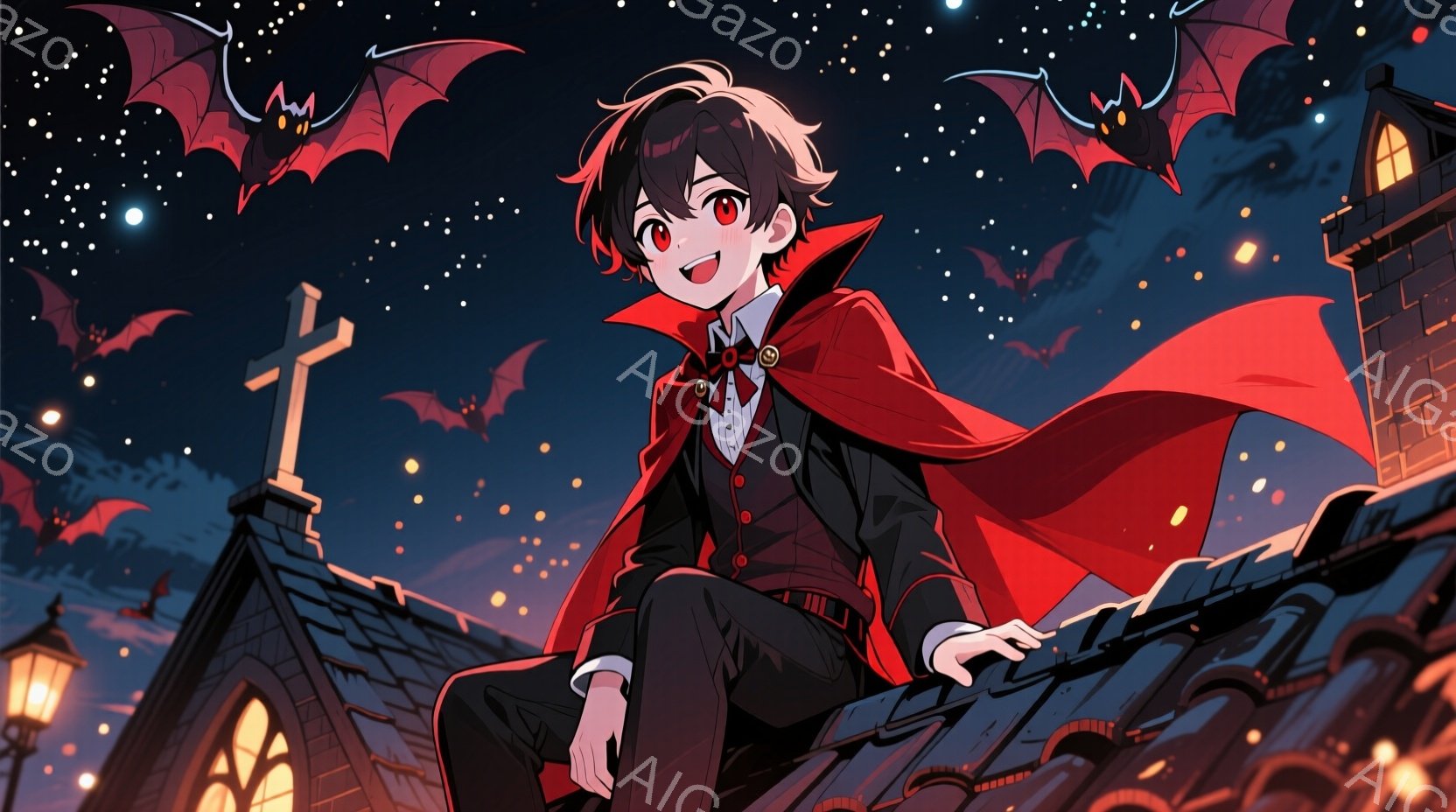 赤毛の少年は、赤いマントと黒いスーツを着て屋根の上に座っている。彼は微笑んでいて、少しいたずらっぽい表情をしている。背景には、ゴシック様式の建物、夜空、そして飛び交うコウモリが見え、ハロウィーンのよう - AI生成フリー素材