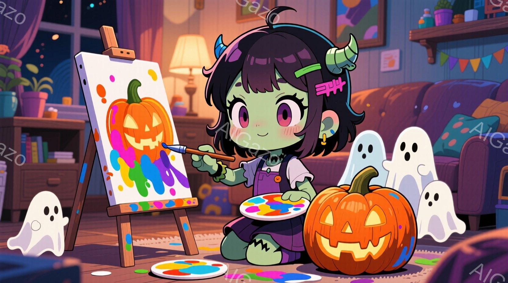 小さな緑色のモンスターの女の子が、イースターエッグのようなカラフルな模様のジャック・オー・ランタンを描いています。彼女はピンクのリボンと短い黒髪を持ち、嬉しそうな表情で絵を描き、背景にはハロウィンの装飾と幽霊たちが浮かんでいます。部屋は暖色系の照明で照らされ、暖かくお祝いの雰囲気です。