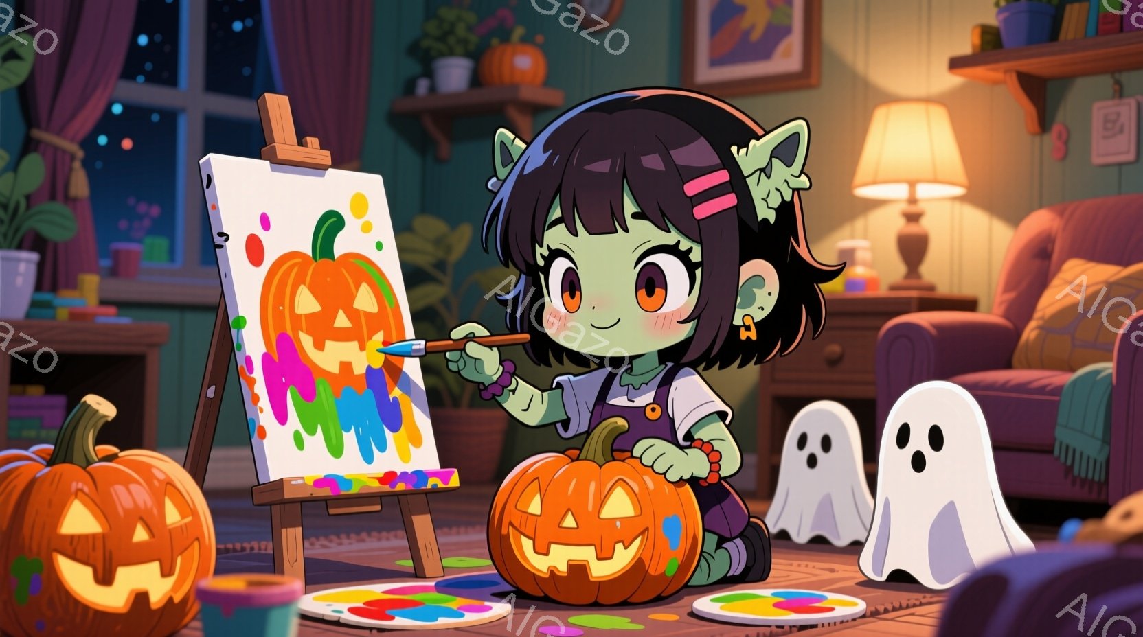 小さな緑色のモンスターの女の子が、キャンバスにジャック・オ・ランタンを描いています。彼女は黒い髪をツインテールにし、ピンク色のリボンをつけており、笑顔で絵を描くことに集中しています。背景には、ハロウィーンの装飾が施された居間があり、隣にはジャック・オ・ランタンと幽霊が置かれています。