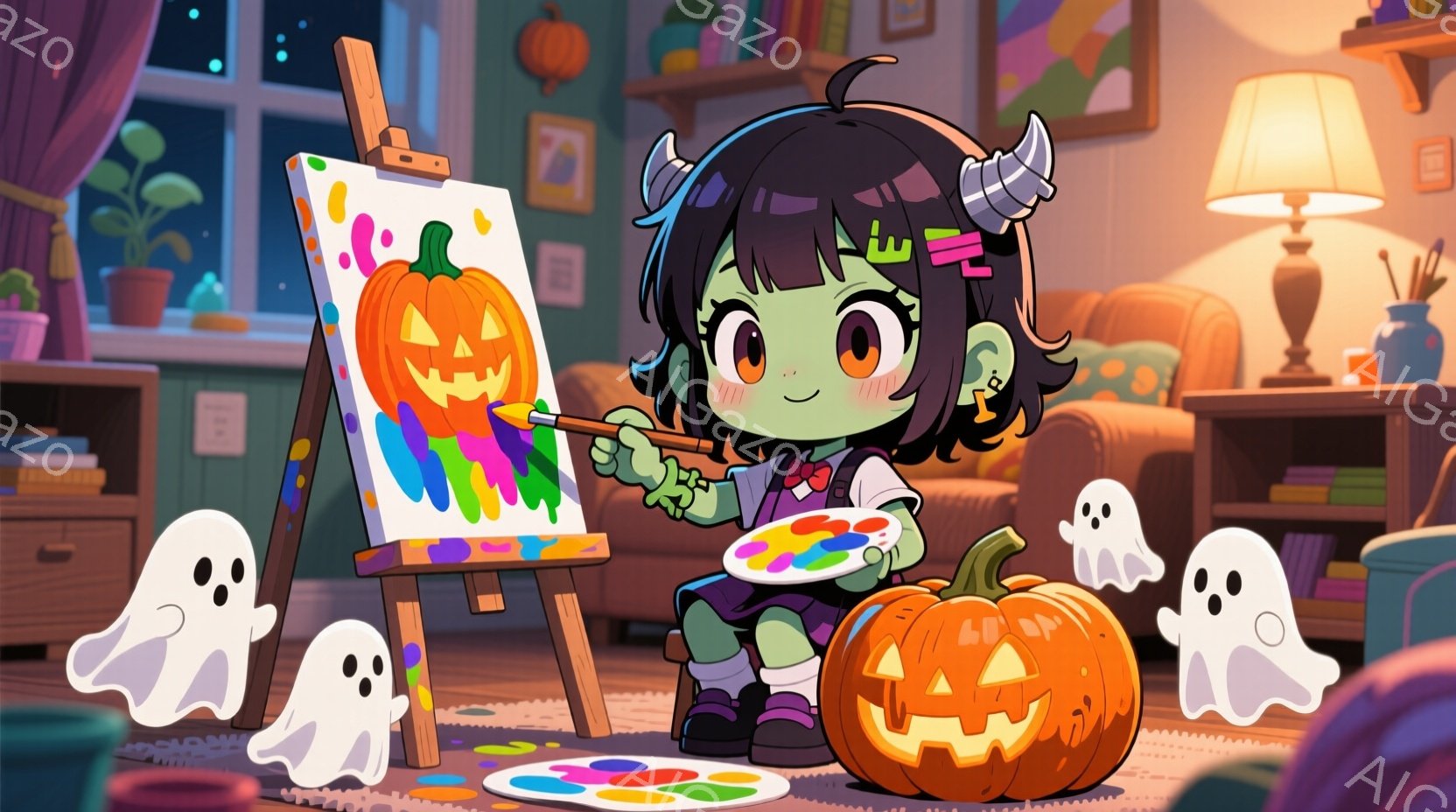 緑色の肌をした少女が、ハロウィーンの絵を描いています。彼女は黒いリボンとフリルがついたドレスを着ており、カールした黒髪と小さな角が特徴的です。背景には、かぼちゃや幽霊、そして本棚やソファが見え、温かく、お祝いムードに満ちた室内が描かれています。