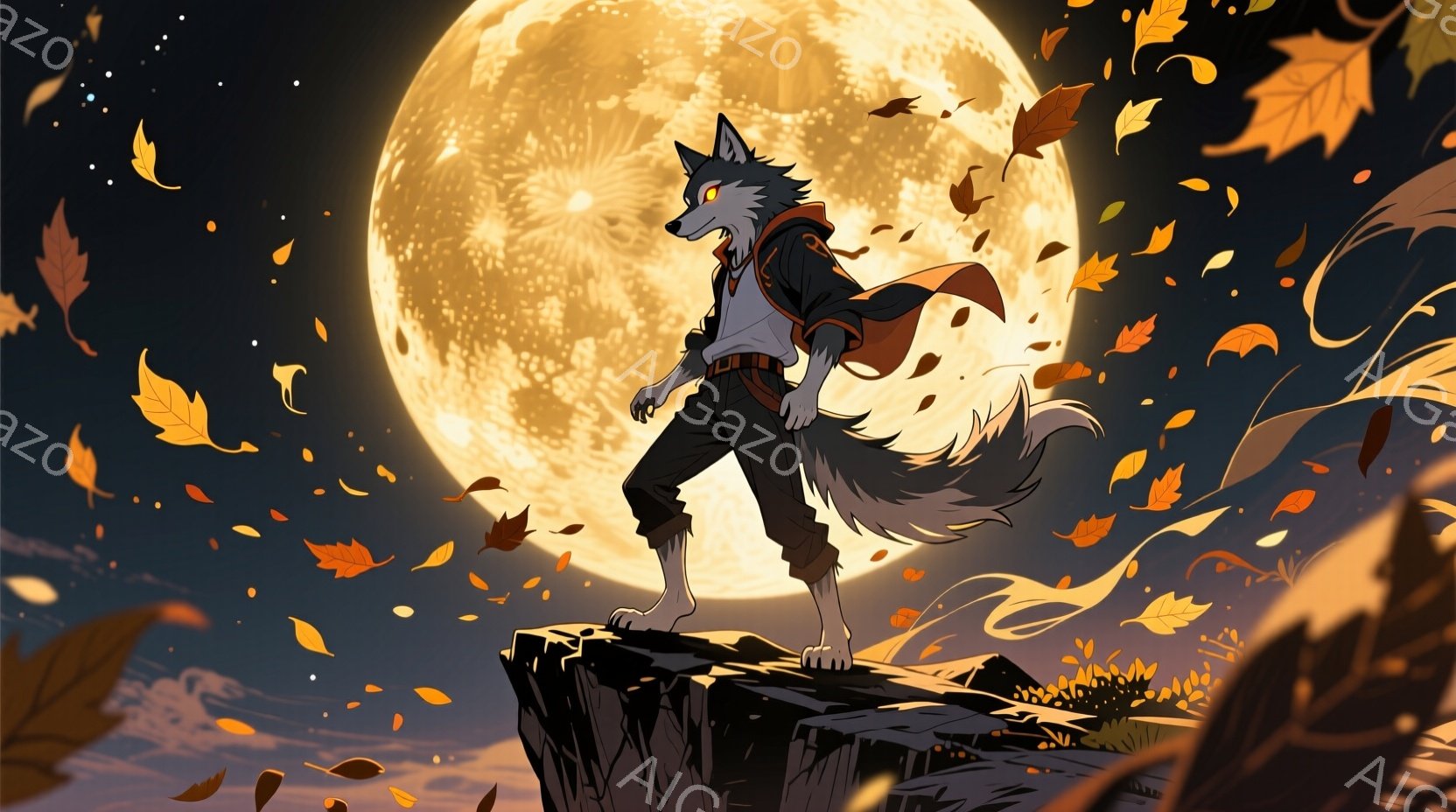 巨大な満月を背景に、狼の姿をした男性が岩の先端に立っている。彼は黒いズボンと赤い縁取りのある黒いジャケットを着ており、片足を前に出し、自信に満ちたポーズをとっている。背景には落ち葉が舞い散り、薄暗い空と岩肌が、神秘的で力強い雰囲気を醸し出している。