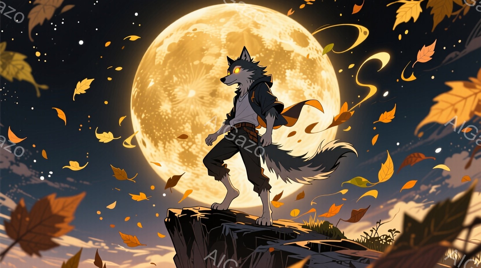 狼のような人型のキャラクターが、切り立った崖の上に立っている様子を描いています。キャラクターはデニムのズボンに白いTシャツ、そして黒いジャケットを羽織っており、少し憂いを帯びた表情で遠くを見つめています。背景には満月が輝き、落ち葉が舞い散る秋の夜空が広がっており、全体的に物悲しくも美しい雰囲気が漂っています。
