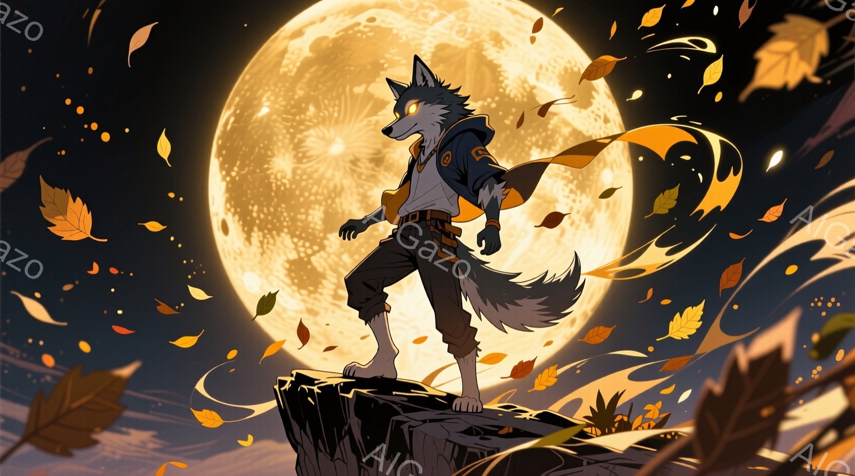 狼のような男性が、切り立った崖の上に立っている。彼は、オレンジ色の髪の毛と白く鋭い爪を持ち、黒いパーカー、赤いベルト、ジーンズ姿で、自信に満ちたポーズを取っている。背景には巨大な満月が輝き、周囲には舞い散る紅葉が漂い、全体的に神秘的で力強い雰囲気を醸し出している。
