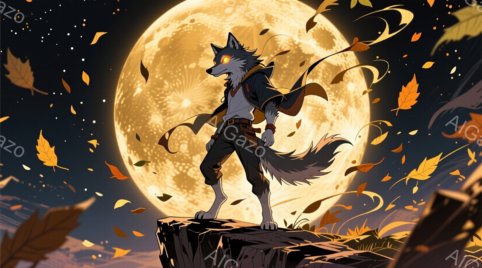 岩の上に立つ、獣人のような男性が描かれています。彼は白いシャツに茶色のズボン、そして肩に巻かれた赤い布を身に着けており、片手に何か持っているような姿勢です。背景には巨大な満月が輝き、周囲には舞い散る紅葉が描かれており、神秘的で幻想的な雰囲気を醸し出しています。