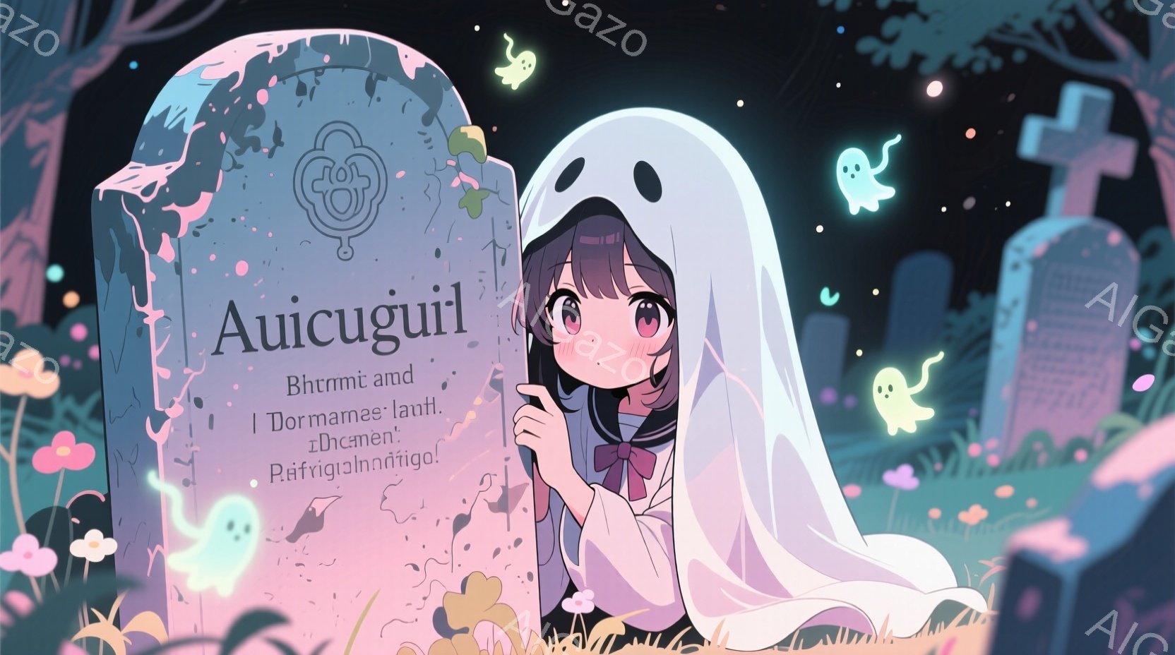 年齢の若い女の子が墓石の前で立っており、ピンク色のリボンで結んだ黒髪と、少し恥ずかしそうな表情をしています。彼女は白いドレスを着ており、両腕を組んで少しうつむき加減です。背景には様々な形の墓石が並び、可愛らしい幽霊たちが飛び交っており、薄暗い夜の墓地の幻想的な雰囲気を醸し出しています。