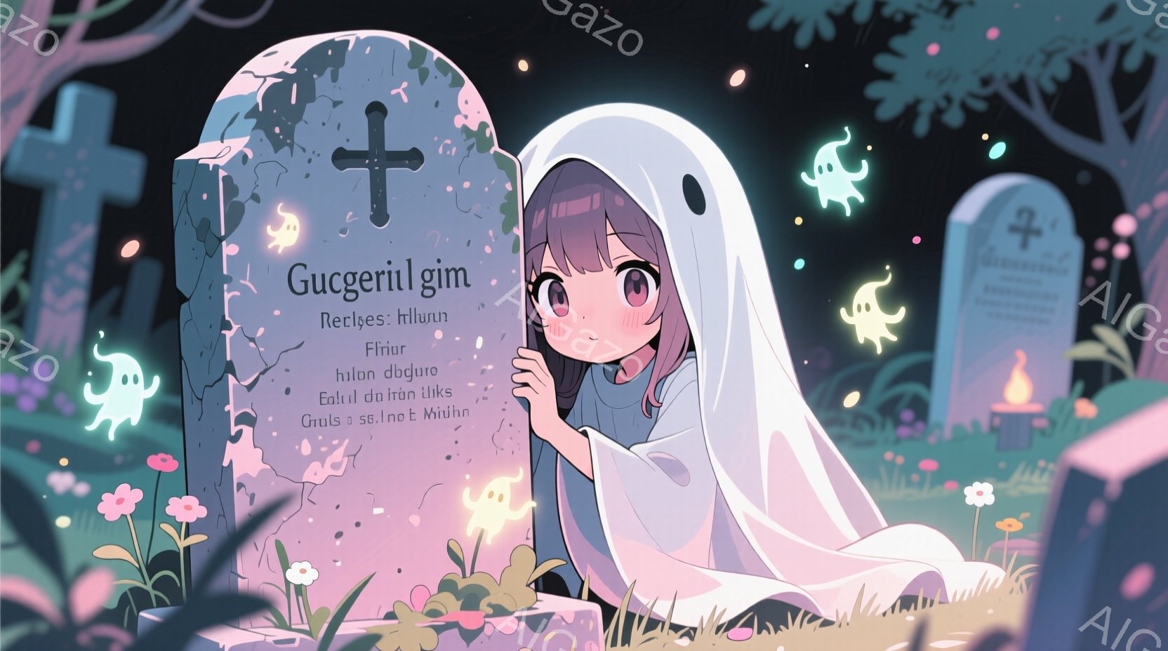 若い女性が幽霊のような白い布に包まれ、墓地の緑豊かな風景の中に立っています。彼女はピンク色の髪をポニーテールにし、可愛らしい表情で少し頬を赤らめています。背景には墓石や花が咲き乱れ、夜空には小さな幽霊が浮かび、幻想的で少し不気味な雰囲気を醸し出しています。