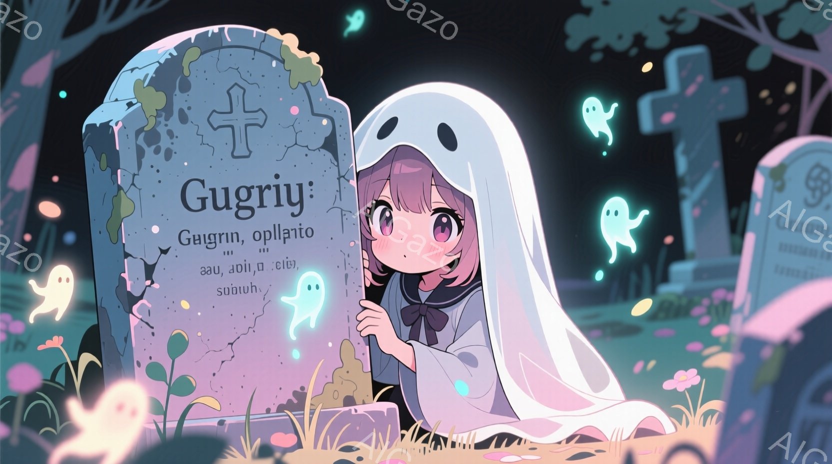 紫色の髪を短く切りそろえた少女が、墓石のそばにひざまずいて座っています。彼女は黒いセーターを着ており、少し恥ずかしそうな表情で、顔を少し伏せています。背景には、様々な墓石が立ち並び、小さな幽霊たちがふわふわと浮かんでいます。