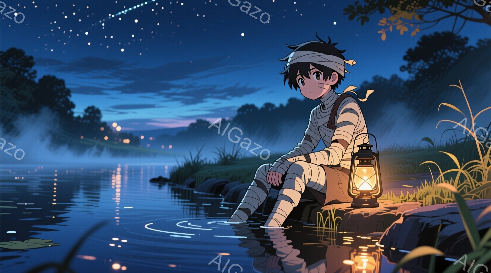 少年は包帯で腕と脚を覆い、頭には青い布を巻いている。彼は湖のほとりの岩の上に座り、膝を抱え、どこか憂いを帯びた表情をしている。背景には水面が静かに光り、遠くには木々が生い茂り、夜空には星が輝き、全体的 - AI生成フリー素材