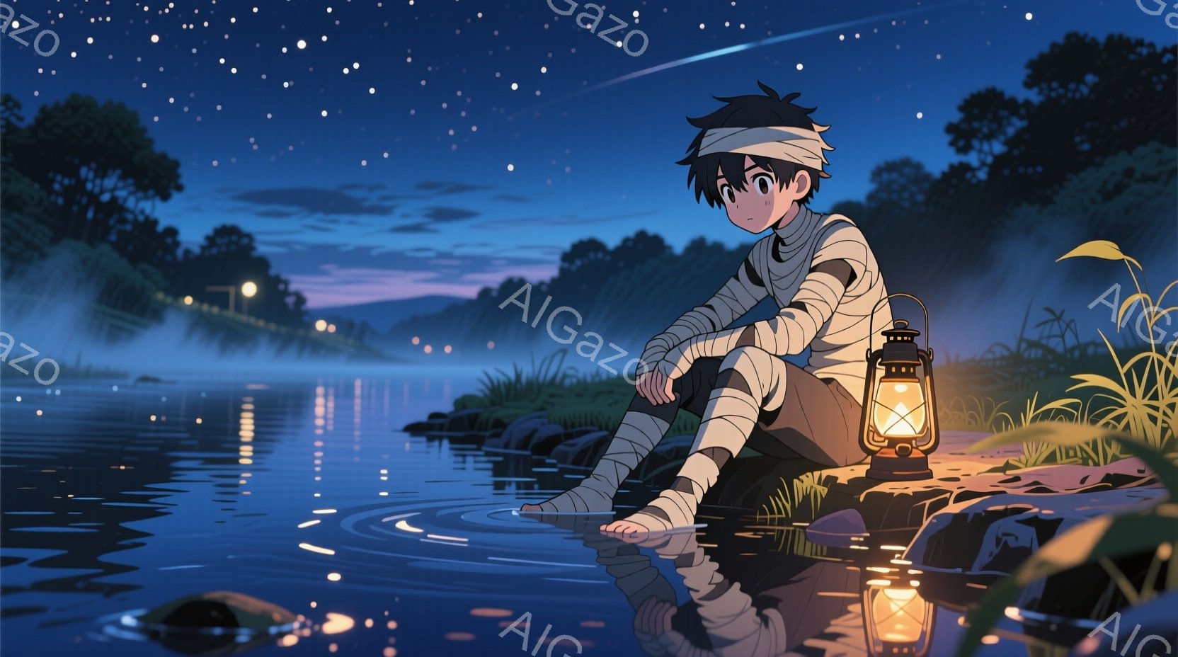 若い少年が水辺の岩の上に座っており、足首から膝まで包帯で覆われている。彼は黒髪で、少し憂いを帯びた表情で、片手に明かりを灯したランタンを持っている。背景には、夜空に輝く星々と、水面に反射する光、そして遠くに見える建物の灯りが描かれ、静かで幻想的な雰囲気を醸し出している。