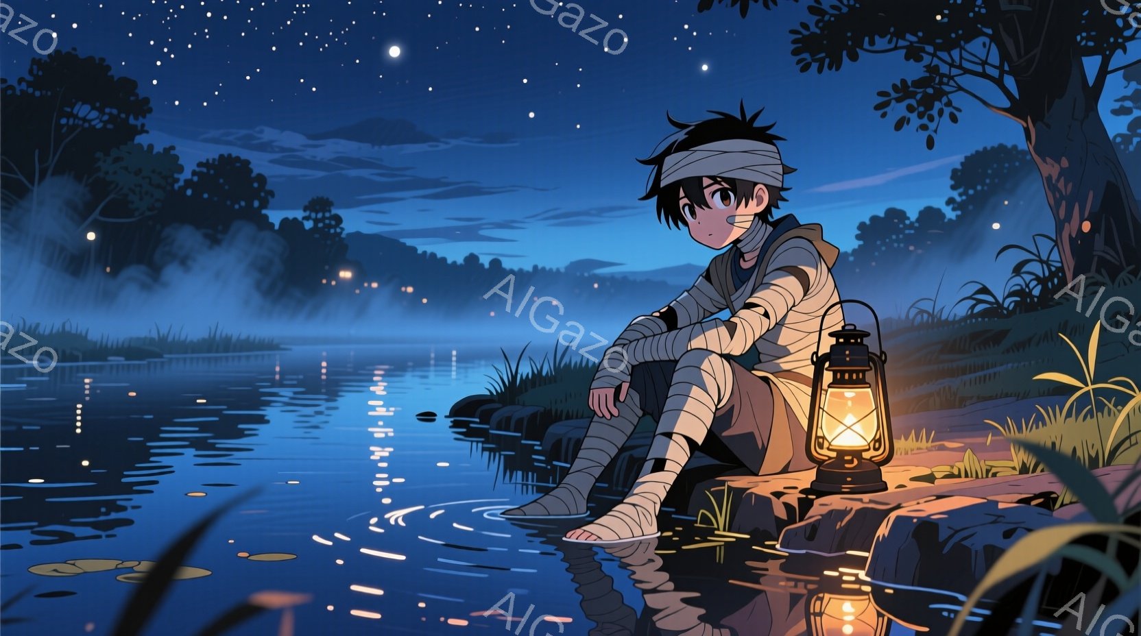 少年は、膝を抱え、川沿いの岩の上に座っている。頭には包帯が巻かれ、足首も包帯で覆われているが、どこか落ち着いた表情をしている。夜空には星が輝き、川面は静かに光を反射しており、周囲の木々はシルエットとして浮かび上がり、全体的に穏やかで神秘的な雰囲気である。