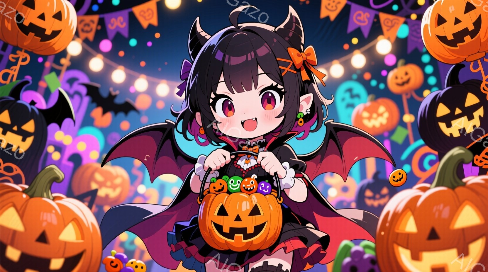 大きなカボチャの形をしたカバンを持って微笑む、角とコウモリの翼を持つ少女を描いています。彼女は黒いドレスと赤いリボン、肩にかかる黒いマントを着ており、ハロウィーンの装いです。背景は、様々な表情をしたたくさんのカボチャや、ハロウィーンを彩る飾りで埋め尽くされており、お祭り騒ぎの楽しい雰囲気を醸し出しています。