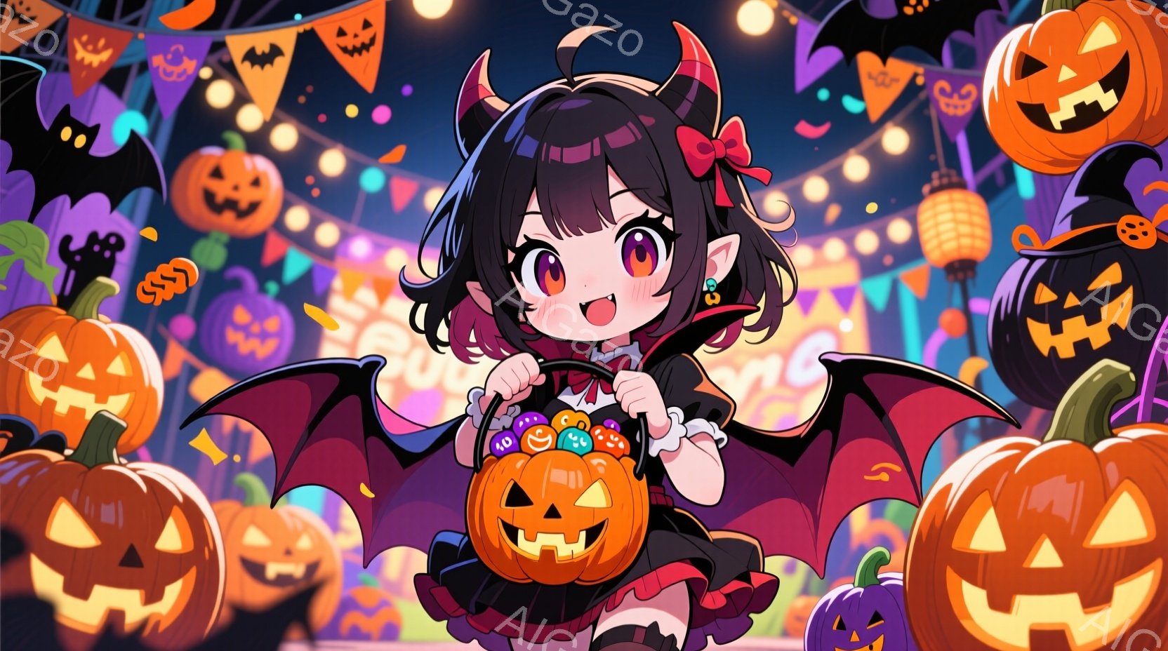 茶色の髪に赤いリボンをつけた少女が、ハロウィーンの衣装を着て微笑んでいます。彼女は翼と赤いフリル付きのドレスを着ており、手にはたくさんのキャンディーが入ったカボチャの形の容器を持っています。背景には、 - AI生成フリー素材