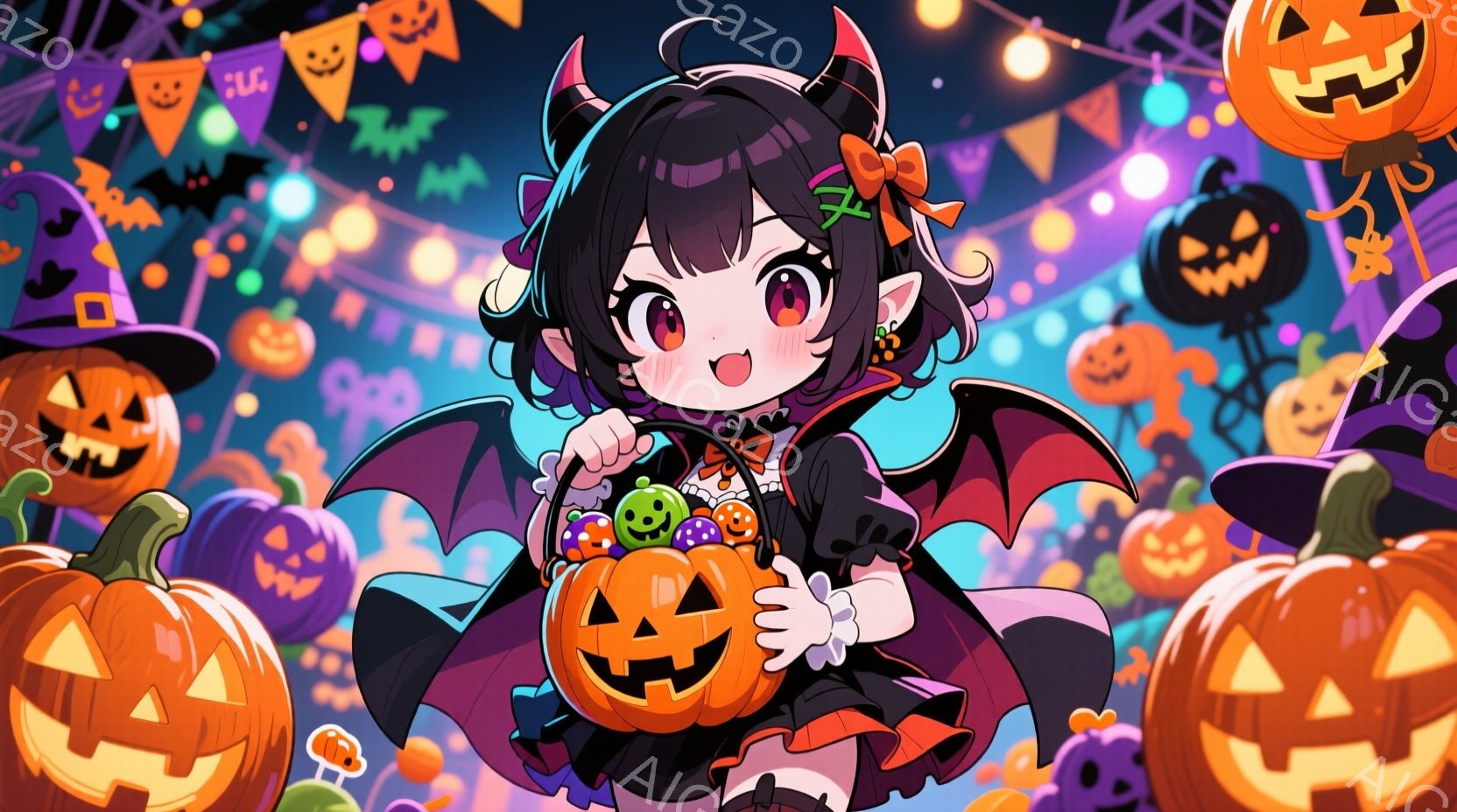 少女は黒いドレスと翼、そして角のついたハロウィーンの衣装を着て、たくさんのジャック・オー・ランタンに囲まれています。彼女は微笑んでおり、お菓子でいっぱいの小さなジャック・オー・ランタンを抱えています。背景はハロウィーンの飾り付けでいっぱいであり、全体的に明るく楽しい雰囲気です。