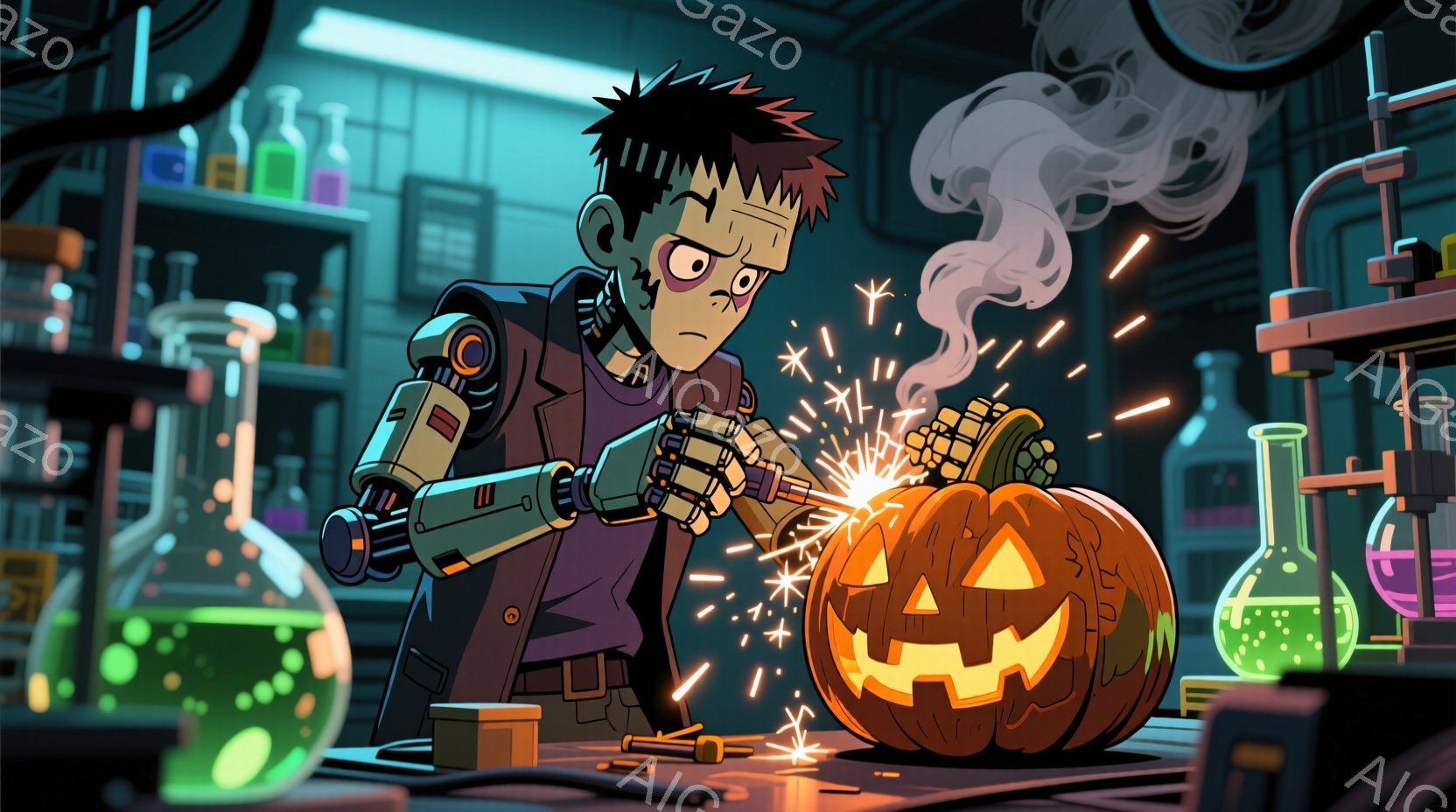 フランケンシュタインのような男性が、実験室でジャック・オー・ランタンを彫っています。彼は黒い髪で、片腕が機械的な義手になっています。背景にはさまざまな色の液体が入ったフラスコや試験管が並び、全体的にハロウィーンらしい、少し不気味でユーモラスな雰囲気です。