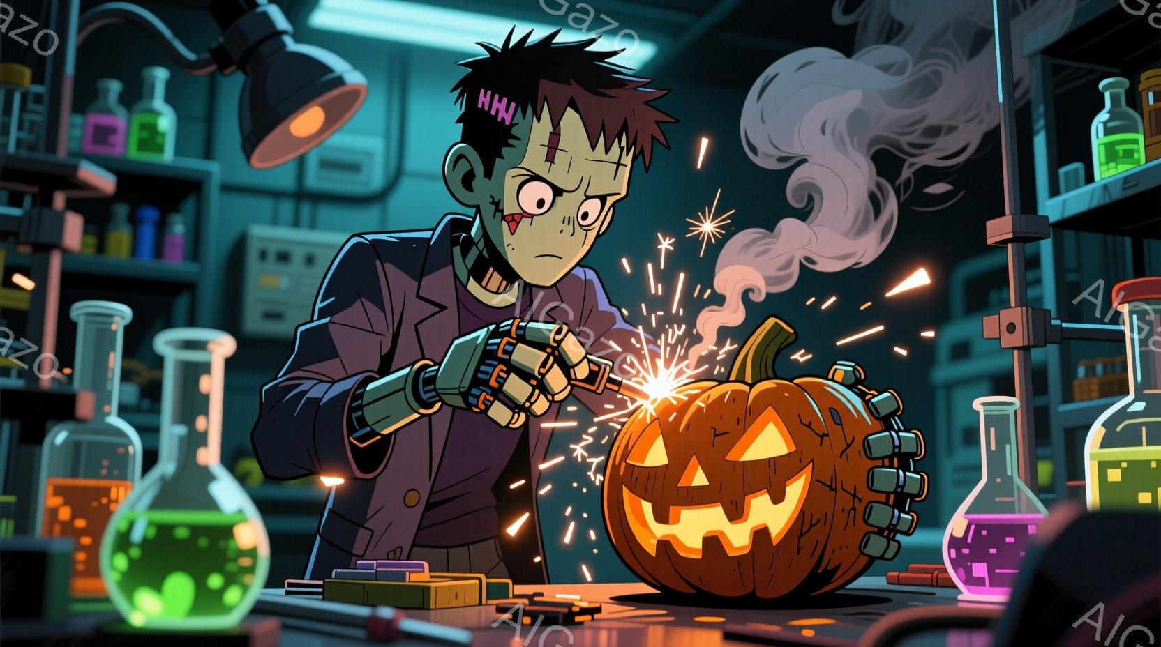 Frankensteinの怪物のような男性が実験室でカボチャを彫っています。彼は白衣を着ており、髪は緑色でボサボサしています。実験台には様々な色の液体が入ったビーカーや試験管が並び、カボチャの周りには火花が散っています。
