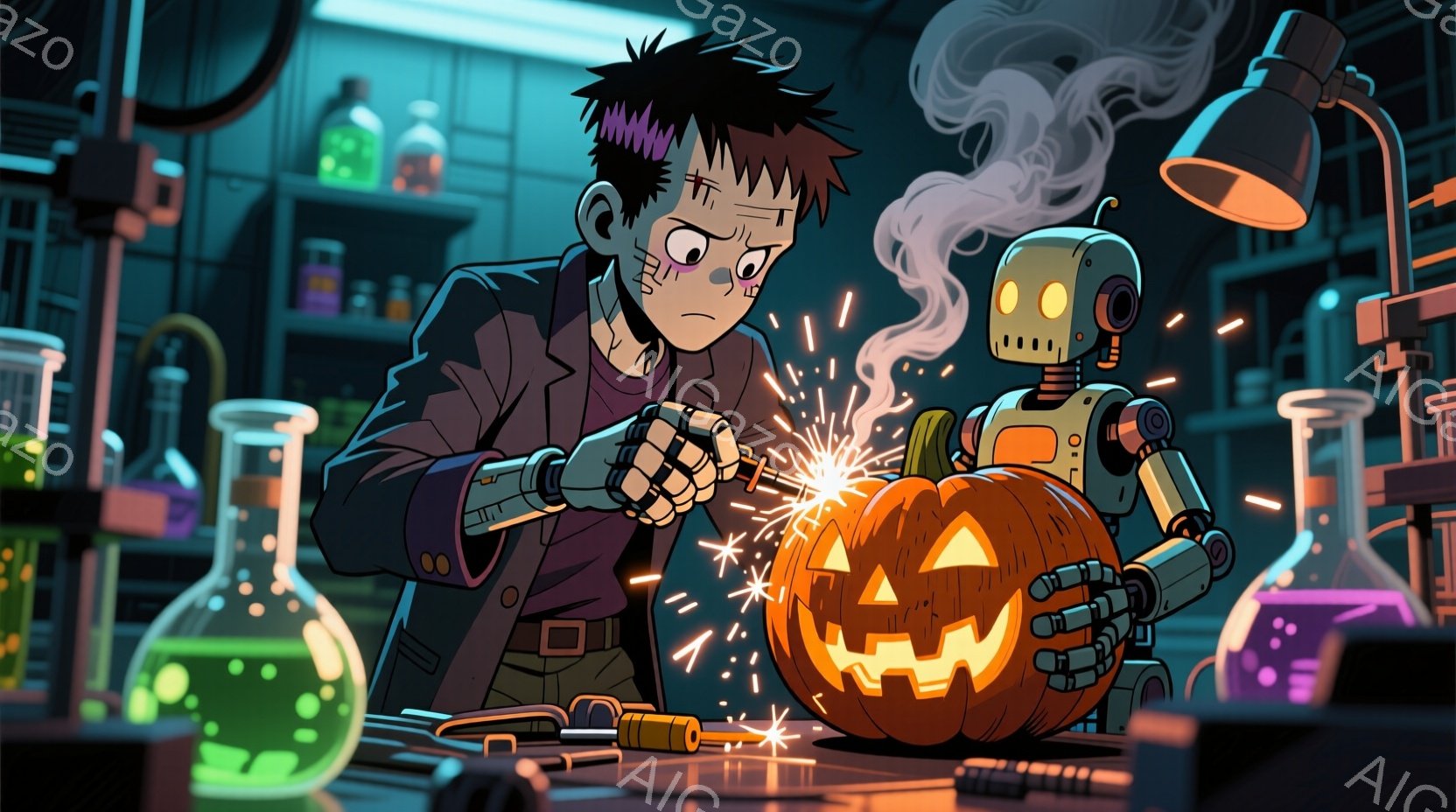 科学者のような男が、ロボットの頭にカボチャを接続しようとしています。彼は緑色の顔をしており、ぼさぼさの黒髪で、驚いた表情をしています。背景には実験器具や緑色の液体が入ったフラスコが並び、全体的に薄暗く、怪しげな雰囲気が漂っています。