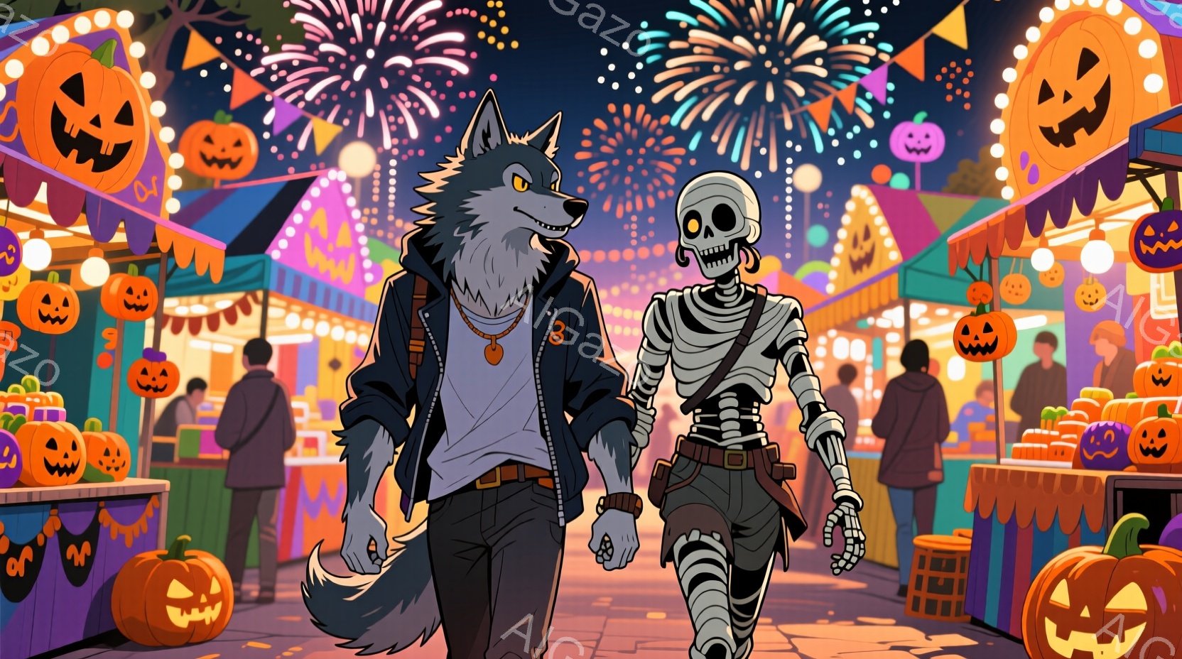 ハロウィーンの夜の賑やかな通りを、狼男とミイラが手をつないで歩いている。狼男は白いTシャツに黒い革ジャン、黒いズボンというカジュアルな服装で、自信に満ちた表情をしている。背景には、カラフルな提灯やカボチャのランタンが並び、お祭りの熱気を盛り上げ、夜空には花火が打ち上げられている。
