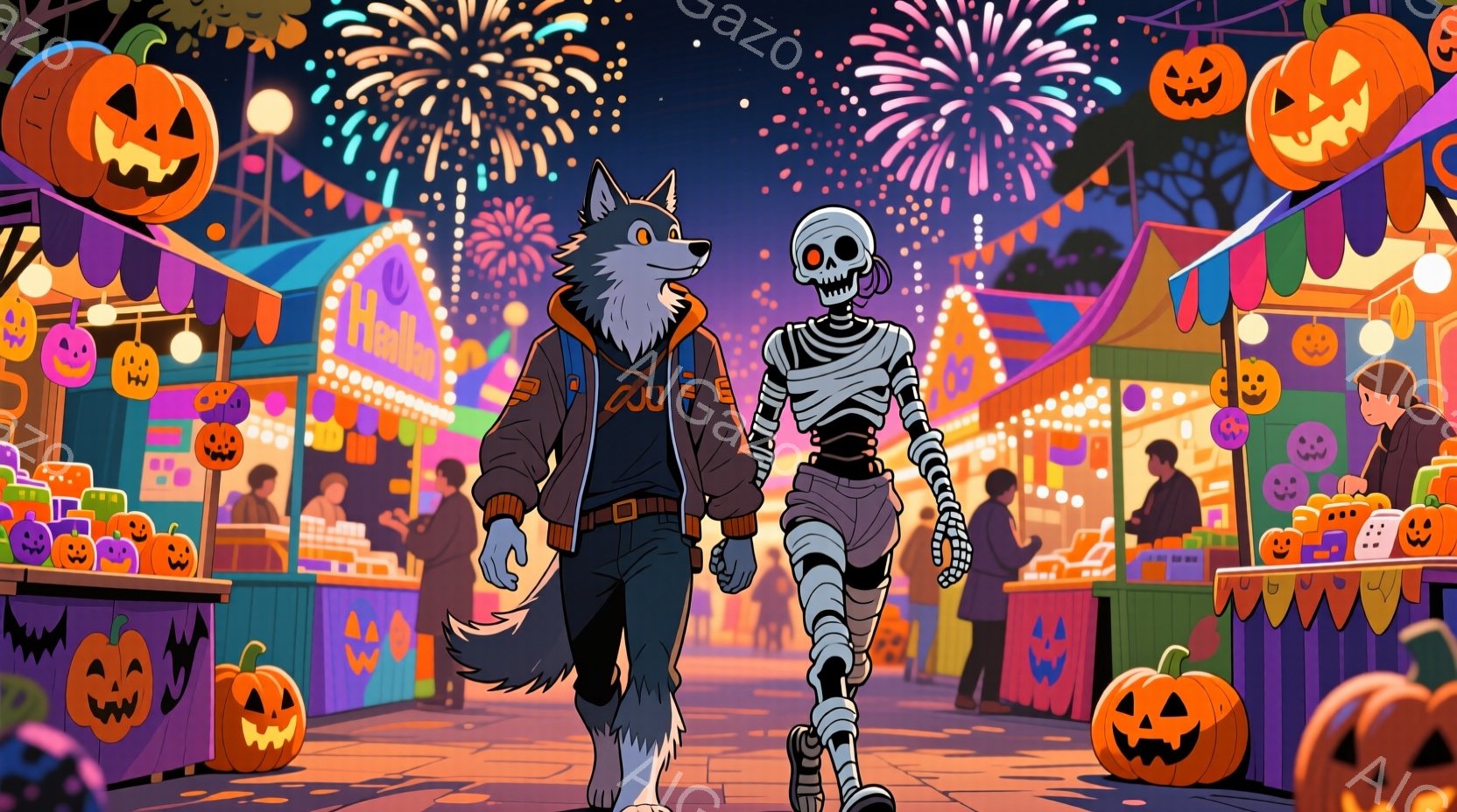ハロウィーンの夜の賑やかな通りを、狼男とスケルトンの姿をした二人が歩いている。狼男は黒いパーカーにジーンズ、スケルトンは包帯で覆われた身体に黒いベルトを締めている。背景には、カボチャのランタンや装飾が施された屋台が並び、夜空には花火が打ち上げられ、お祭り騒ぎの活気に満ちた雰囲気が漂っている。