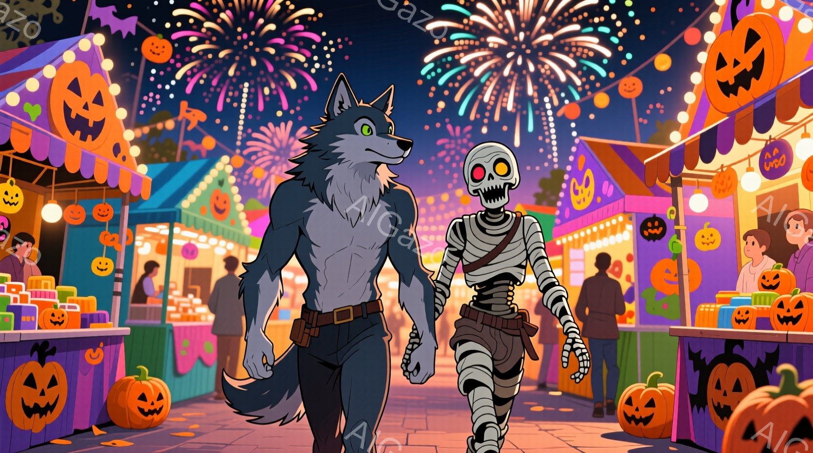 狼男のようなキャラクターとミイラのようなキャラクターが、ハロウィンの夜の賑やかな市場を歩いている様子が描かれています。狼男は黒いズボンとシャツを着ており、ミイラは包帯で覆われています。背景には、カラフルな屋台や、カボチャのランタン、そして夜空に咲く花火が描かれ、お祭り騒ぎの雰囲気が漂っています。