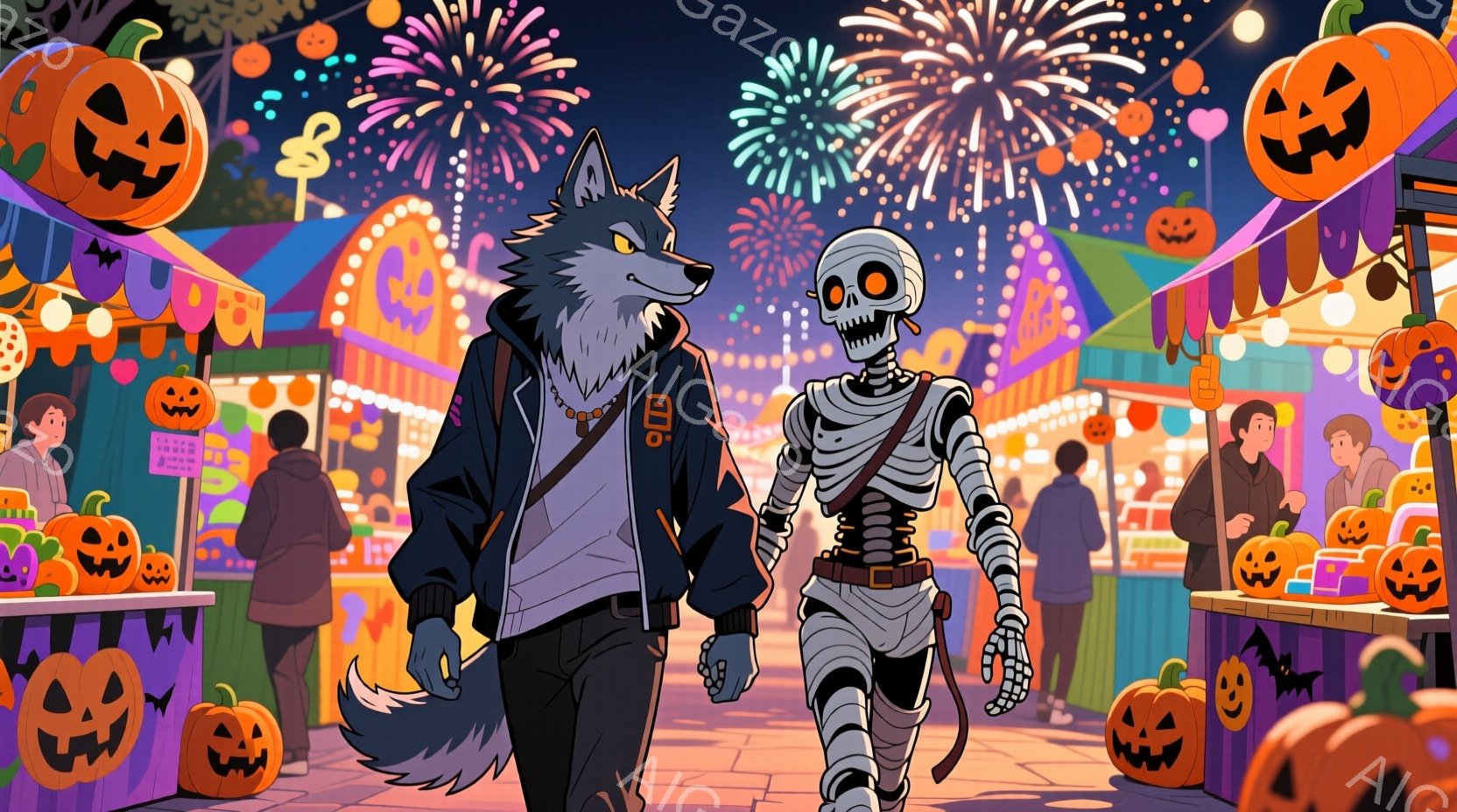 ハロウィーンの夜の賑やかな祭りで、狼男のような男性とミイラが歩いています。狼男は黒いジャケットとジーンズを着ており、ミイラは包帯で全身を覆っています。背景には、カボチャのランタン、お化け屋敷、花火が咲き乱れる夜空が描かれ、お祭りの活気と少し不気味な雰囲気を醸し出しています。