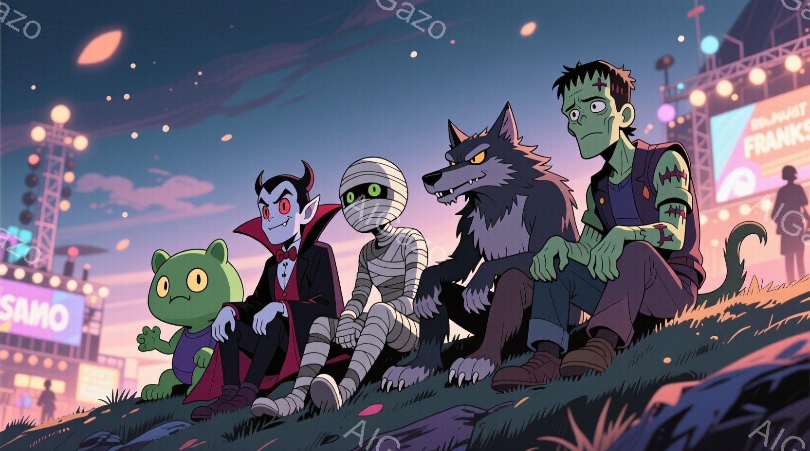 ドラキュラ、ミイラ、狼男、フランケンシュタインのモンスターたちが緑の丘の上に座っている様子が描かれています。彼らはそれぞれカジュアルな服装で、ドラキュラはスーツ、ミイラは包帯で覆われながらもズボンと靴を履き、狼男はデニムジャケット、フランケンシュタインはベストを着用しています。背景には、夜景の街並みと遊園地らしき光景が広がり、夕焼け空が全体を彩り、賑やかで楽しい雰囲気を醸し出しています。