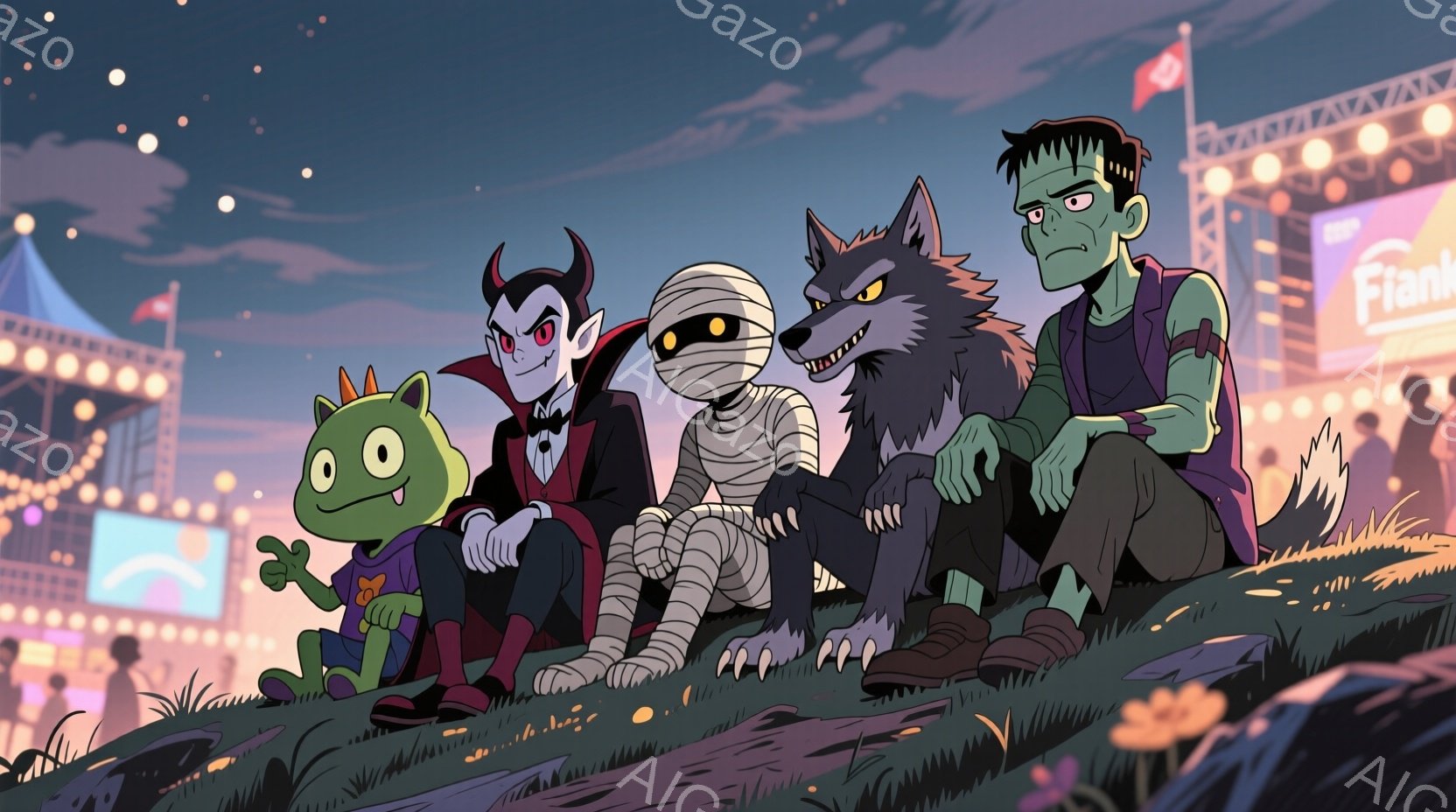 緑の丘の上に、モンスターたちが集まっている。吸血鬼は黒いスーツと赤い裏地付きのケープを着て、自信のある表情で座っている。ミイラ、狼男、フランケンシュタインのモンスターも丘の上に座り、それぞれ異なるポーズをとっている。