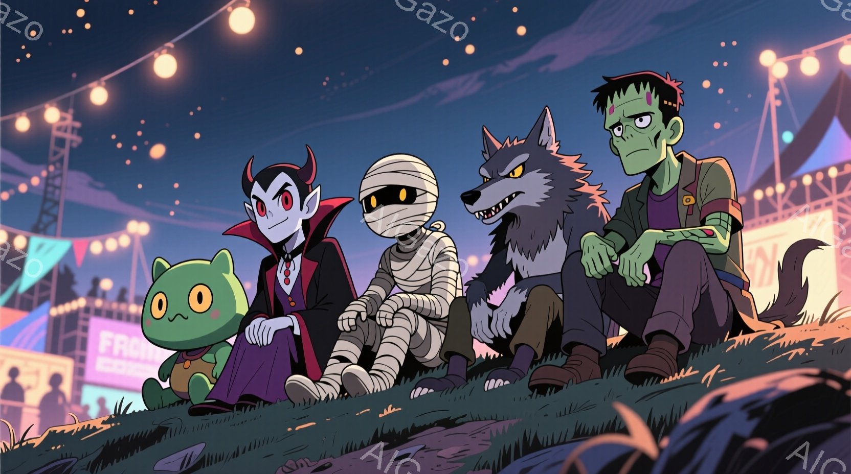鮮やかな色彩のイラストには、ハロウィーンのキャラクターたちが丘の上に座って描かれています。吸血鬼は黒いスーツを着て赤いマントを羽織り、厳しい表情をしています。ミイラ、狼男、フランケンシュタインもそれぞれ特徴的な姿で、背景には遊園地の夜景が広がり、お祭り気分を盛り上げています。