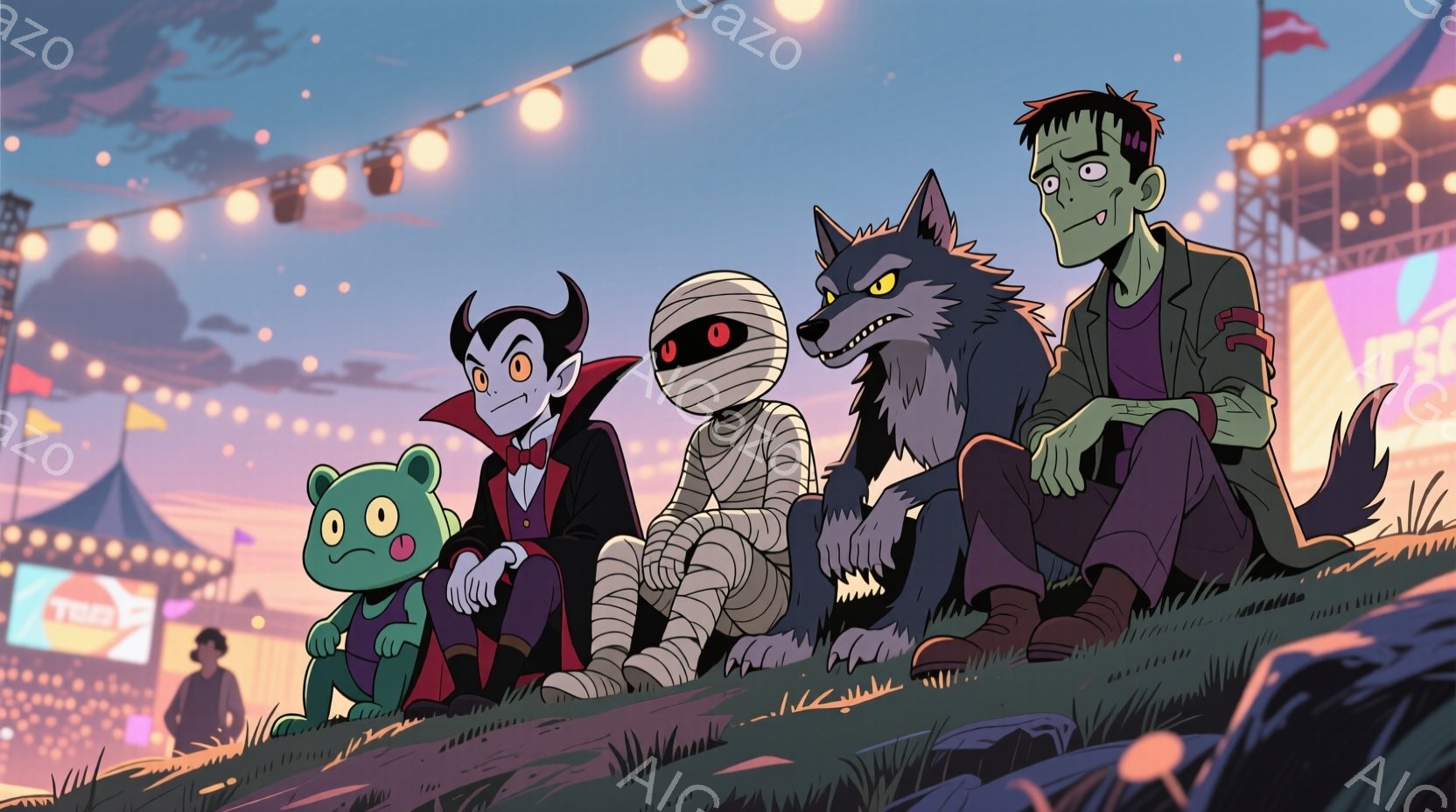 丘の上に、ドラキュラ、ミイラ、狼男、そして小さな緑色の怪物が座っています。ドラキュラは赤いスーツを着て、ミイラは包帯で覆われ、狼男は茶色の服を着ています。背景には、遊園地のライドや賑やかな光がぼやけて見え、夕暮れ時の遊園地を思わせる、賑やかで楽しい雰囲気です。