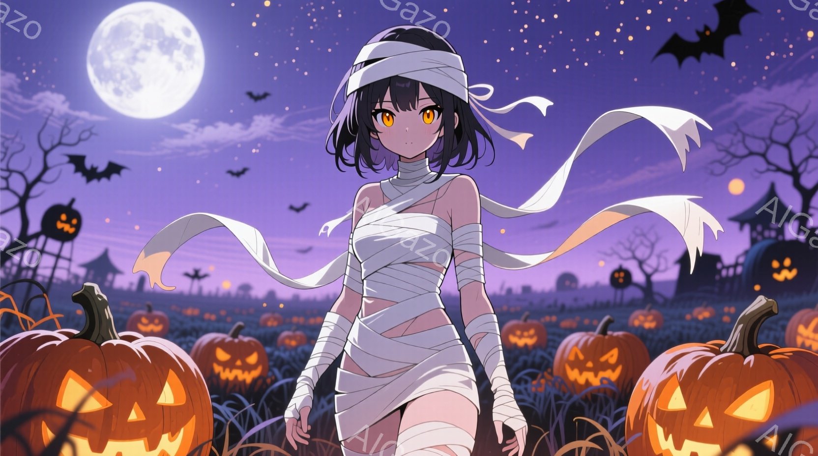 少女はミイラのような白い包帯で体を覆っており、露出した部分は少ないです。黒髪のボブカットで、オレンジ色の瞳が印象的です。背景にはハロウィーンの装飾であるカボチャや、シルエットの建物、そして満月が描かれ - AI生成フリー素材