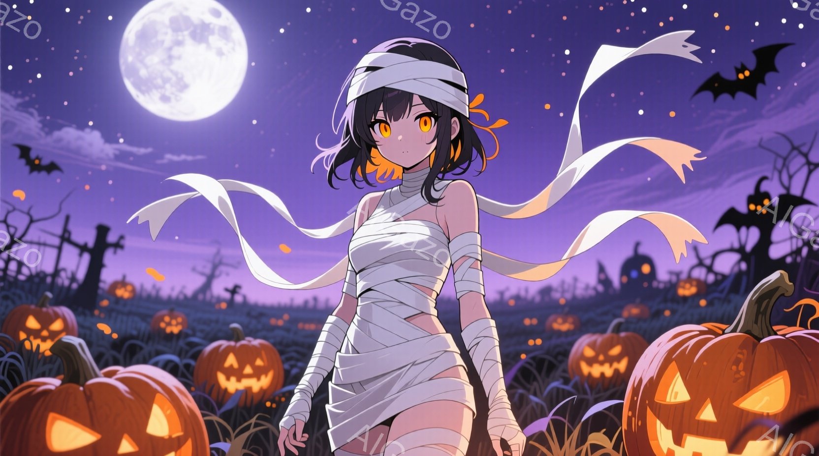 包帯で体を覆った若い女性が描かれています。彼女は黒髪で、オレンジ色の瞳を持ち、少し微笑んでいます。背景には、多くのジャック・オ・ランタン、シルエットの建物、そして満月が浮かぶ紫色の夜空が広がっており、ハロウィンの不気味で幻想的な雰囲気を醸し出しています。