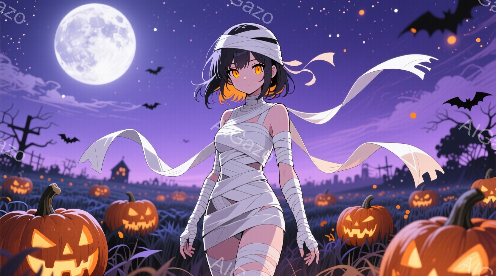 少女はミイラの衣装を身につけており、白い包帯で体を覆っています。黒髪のショートヘアで、オレンジ色の瞳が印象的です。背景にはカボチャ畑、シルエットの建物、そして満月が輝き、ハロウィンの夜の幻想的な雰囲気 - AI生成フリー素材