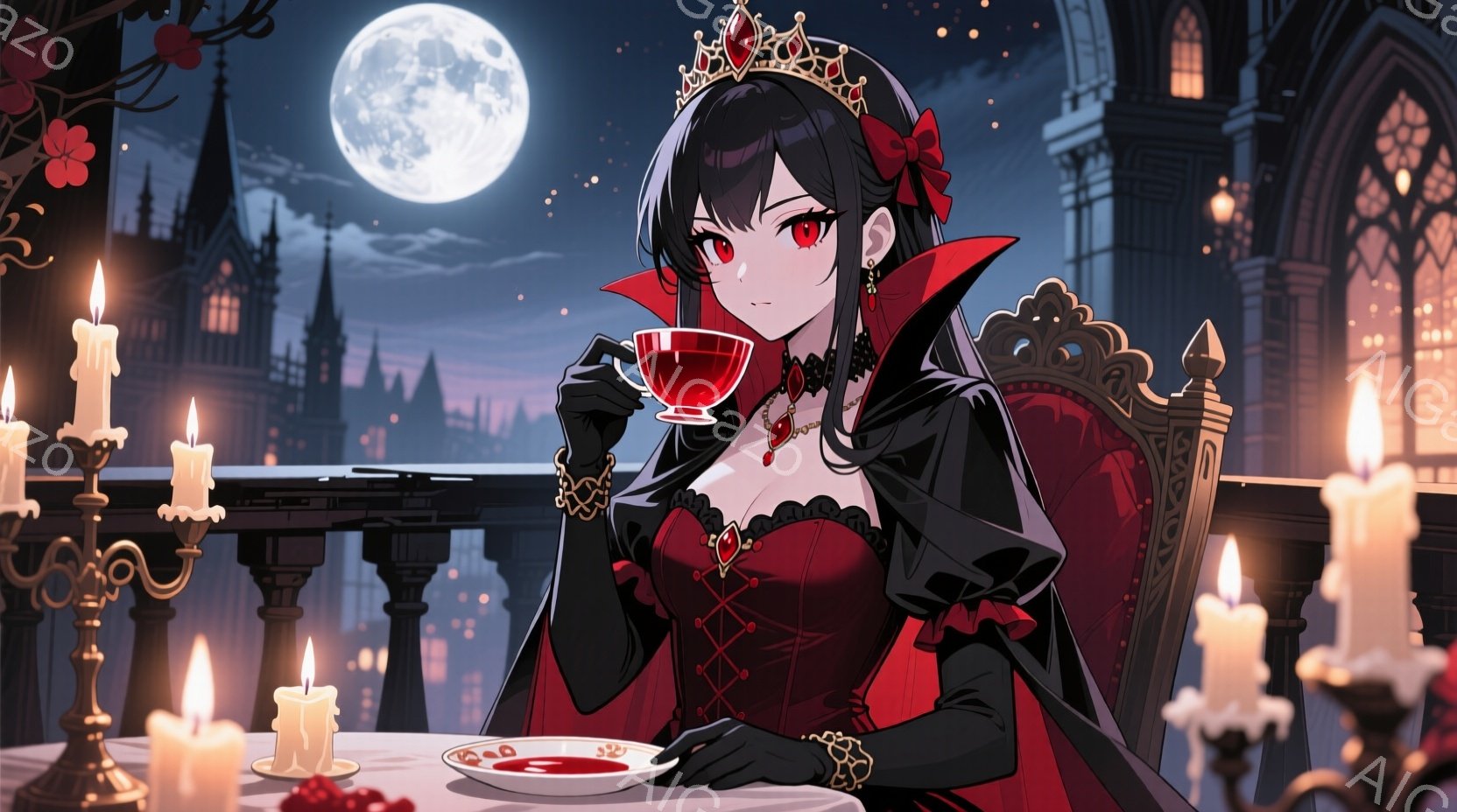 深紅のドレスと黒いケープを身にまとった女性が描かれています。彼女は赤い宝石の王冠を戴き、赤い液体が入ったカップを手に、優雅な姿勢で座っています。背景には、月明かりに照らされた夜の街並みと、数多くの点灯したキャンドルが広がり、幻想的で耽美な雰囲気を醸し出しています。